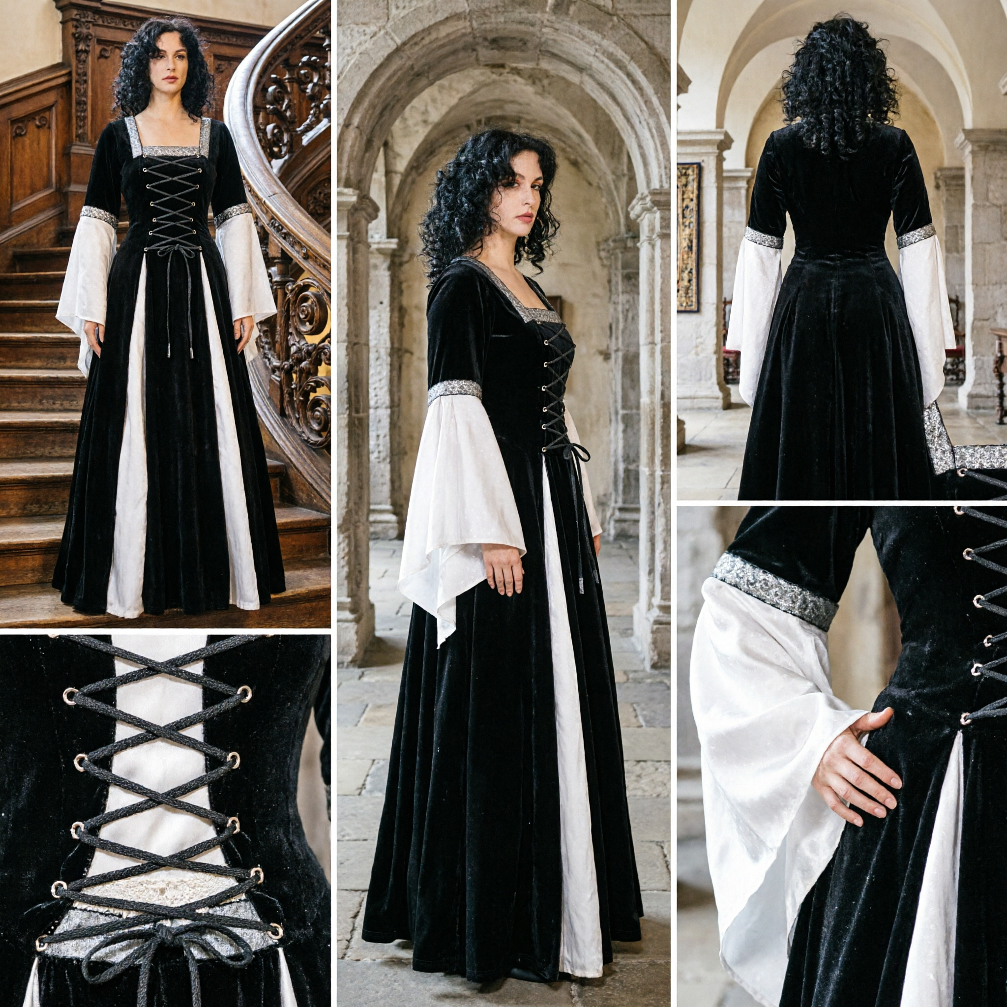 Women's Medieval Renaissance Velvet Dress Gothic Cosplay Costume with White Bell Sleeves for Halloween