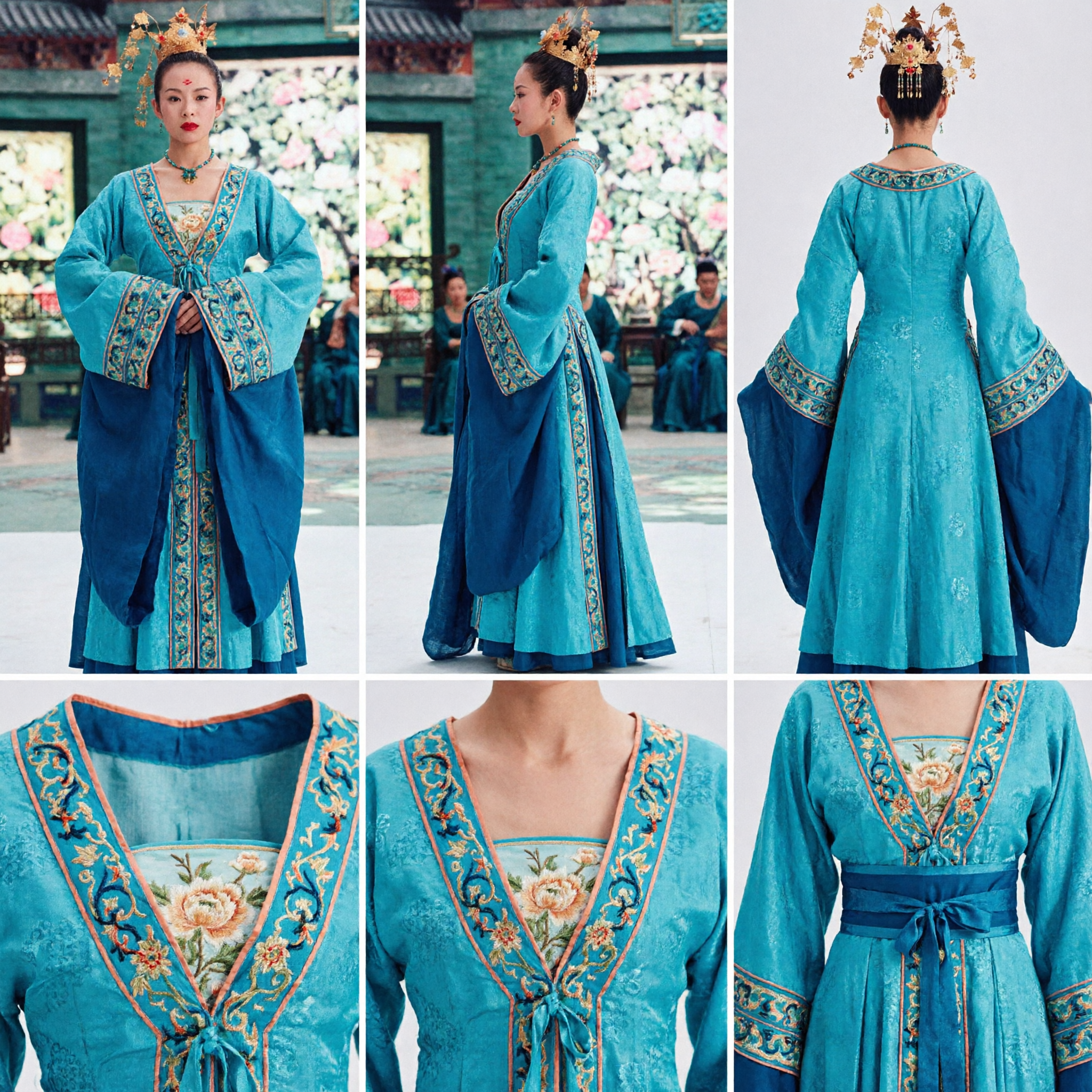 Chinese Traditional Tang Dynasty Palace Lady Hanfu Costume Teal Blue Dancer Dress with Water Sleeves for Women