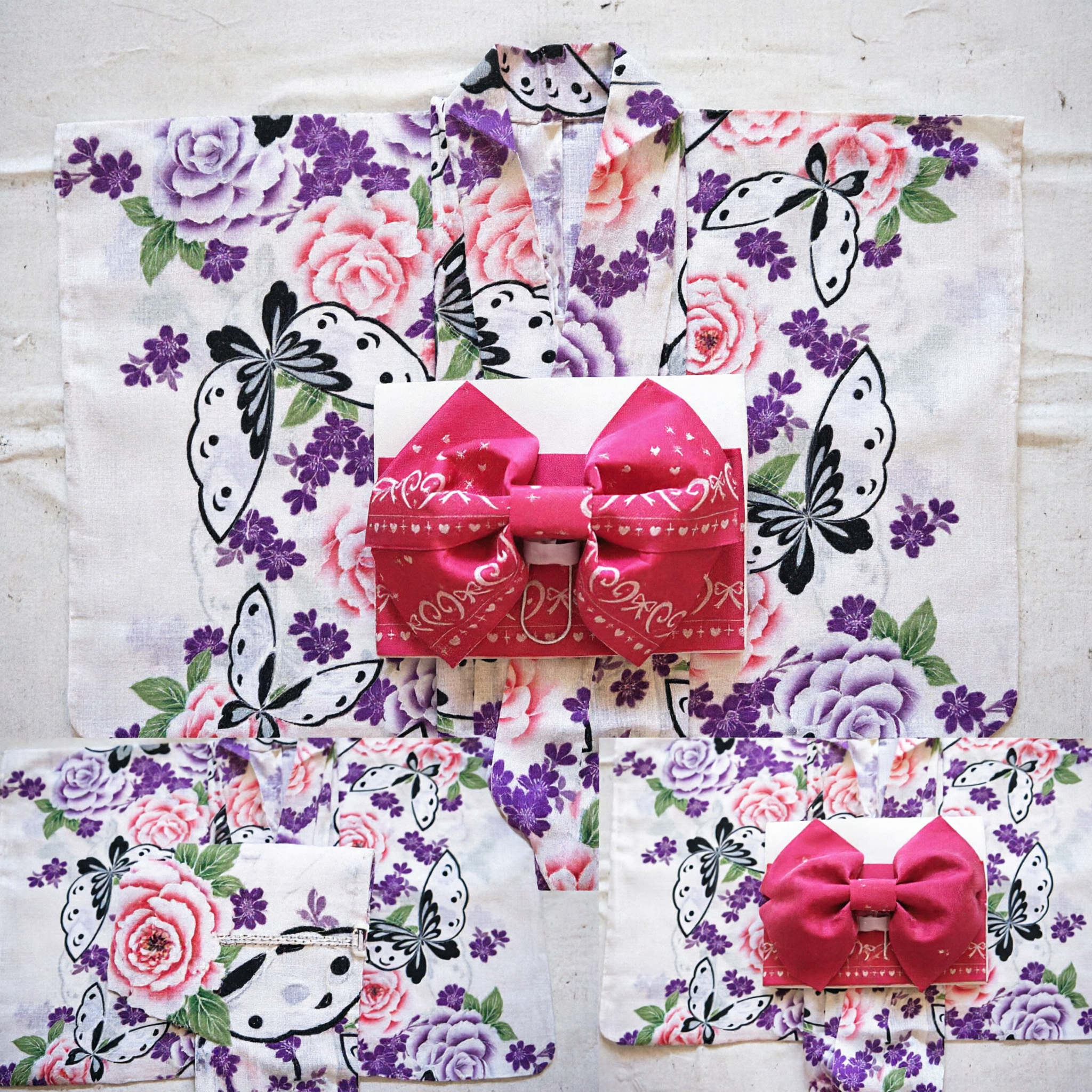 Women's Traditional Japanese Floral Yukata Kimono with Butterfly Print and Pink Bow Festival Costume Set