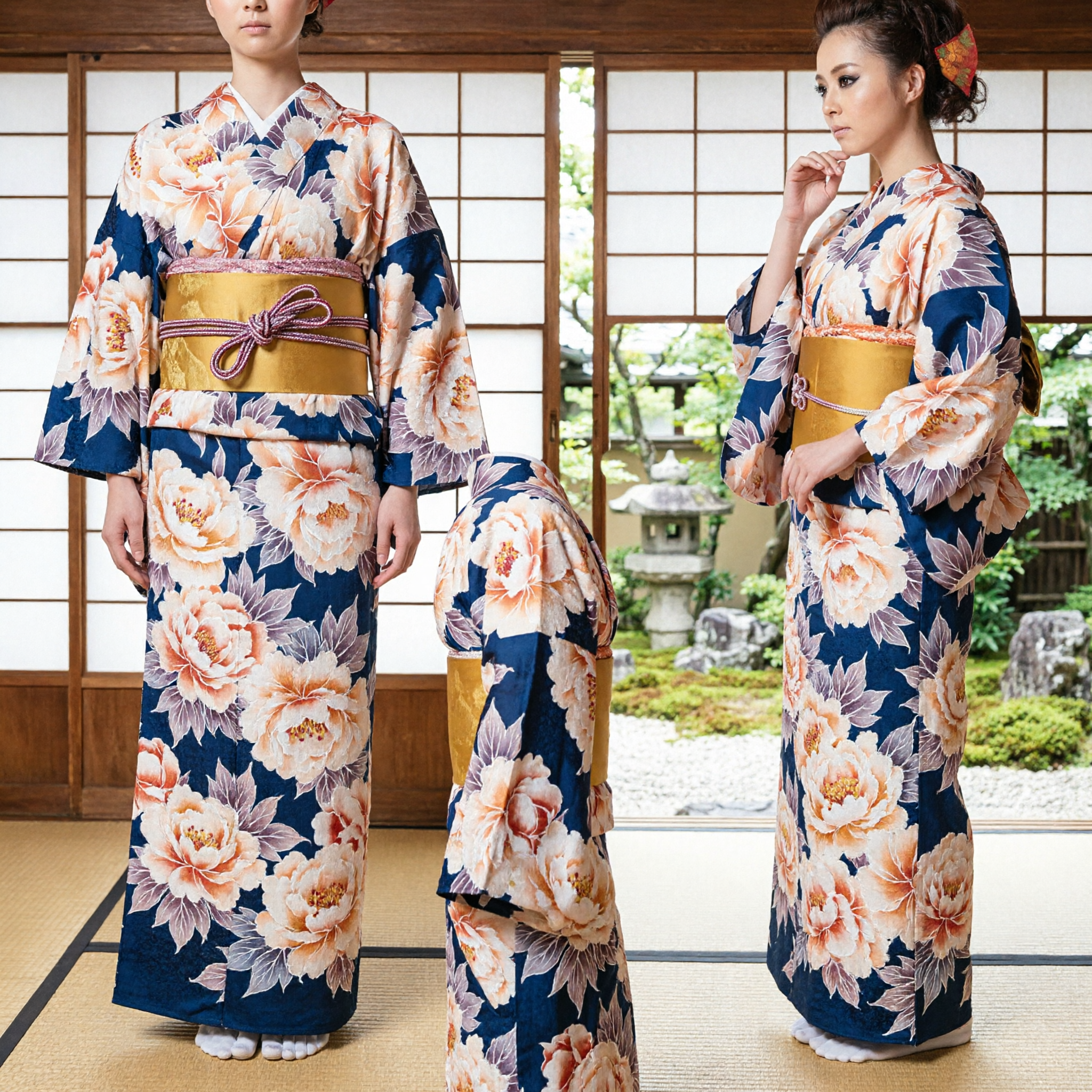Traditional Japanese Blue Floral Kimono for Women with Gold Obi Sash for Festivals and Cultural Events