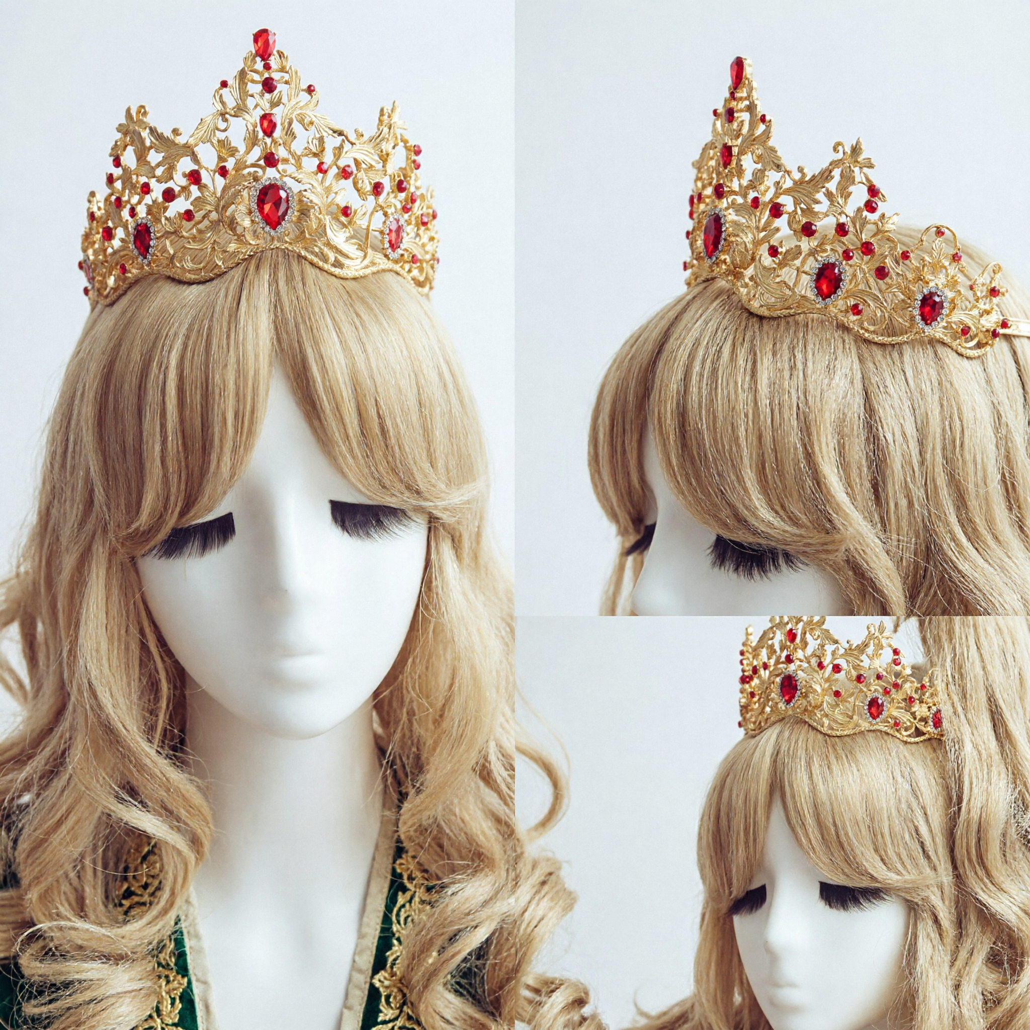 Luxury Baroque Gold Crown with Red Rhinestones Royal Princess Tiara for Wedding Pageant Cosplay