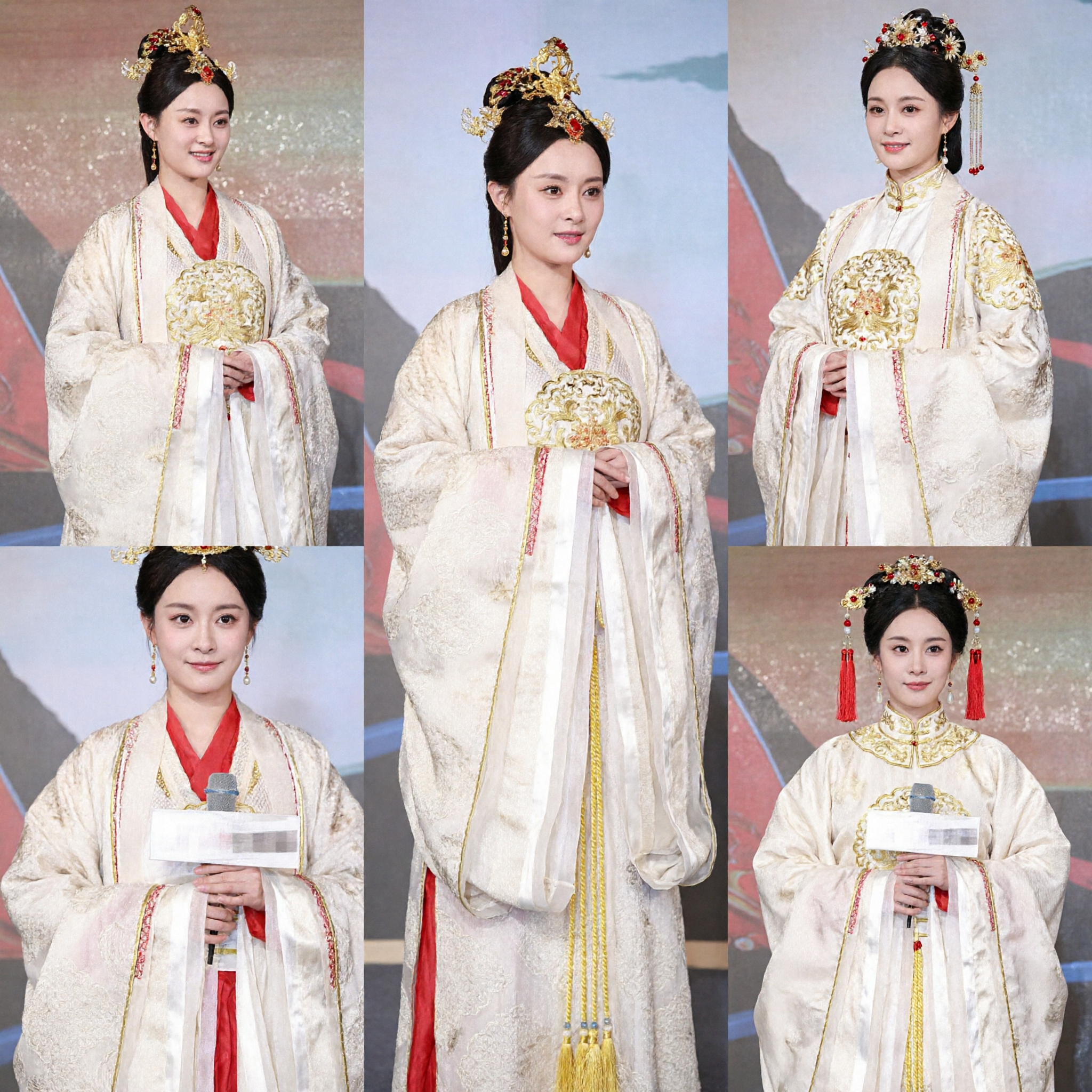 Traditional Chinese Hanfu Costume Ancient Empress Dress Cream and Red Robe with Gold Headpiece for Women