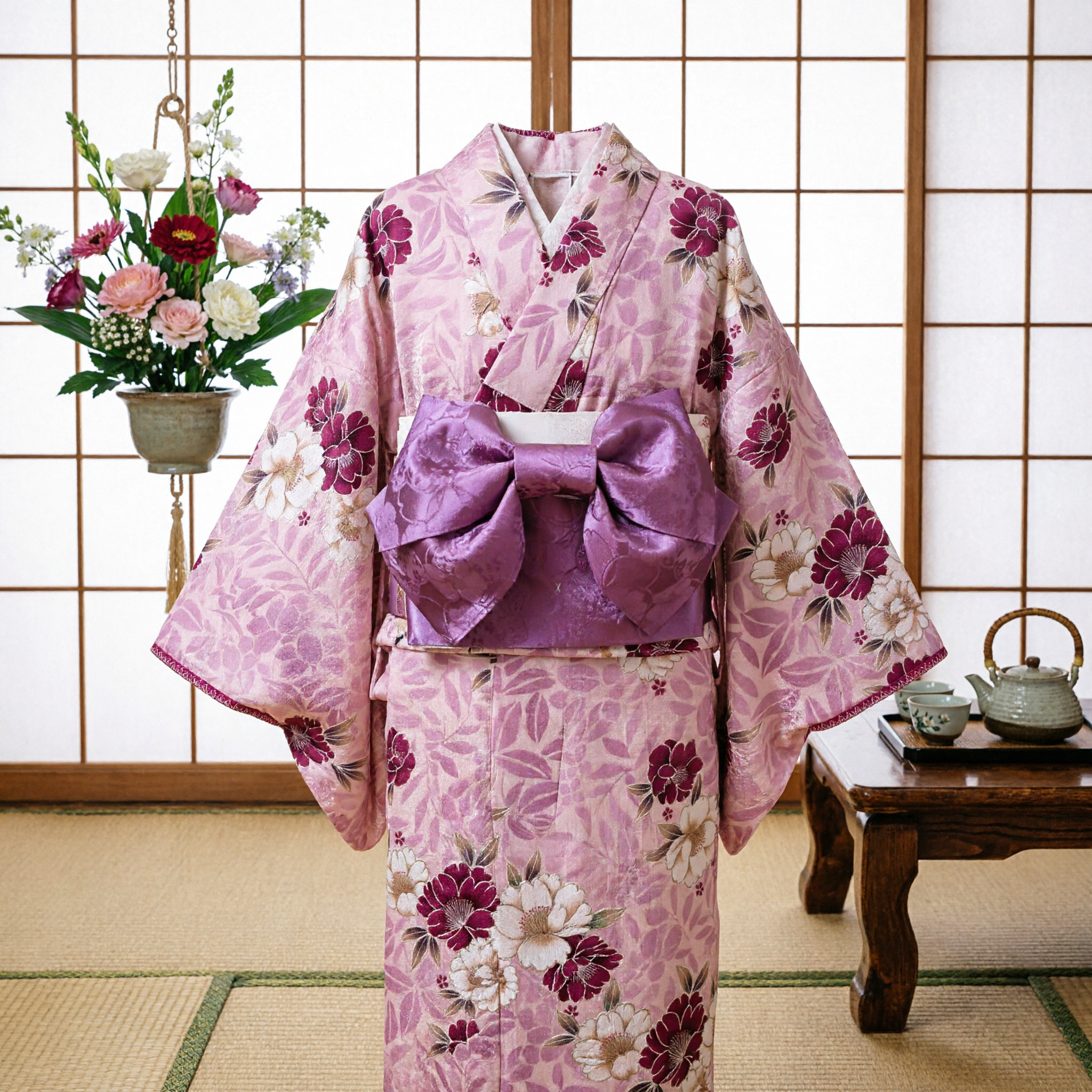 Traditional Japanese Floral Yukata Kimono Set with Purple Obi Sash for Women Festival Cosplay Costume