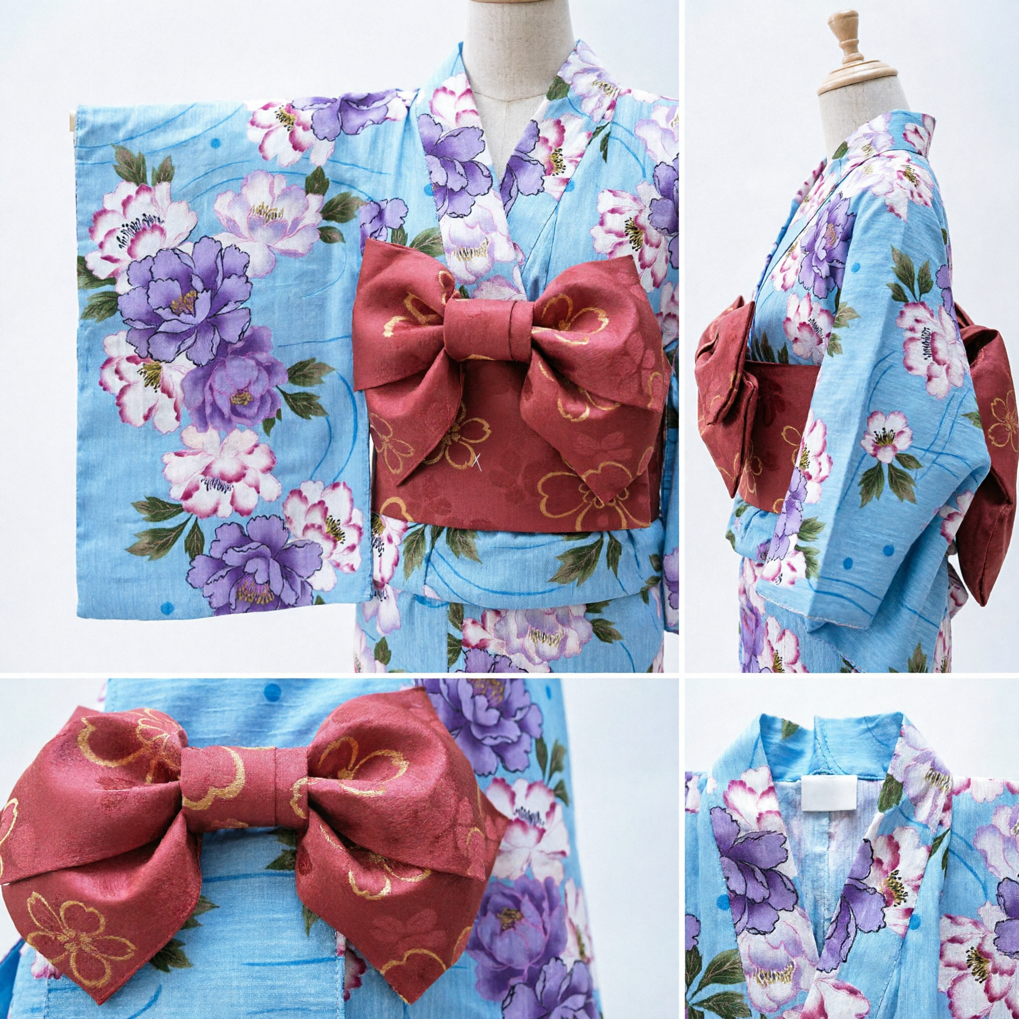 Traditional Japanese Blue Peony Floral Yukata Kimono Set with Red Bow for Women Festival Cosplay