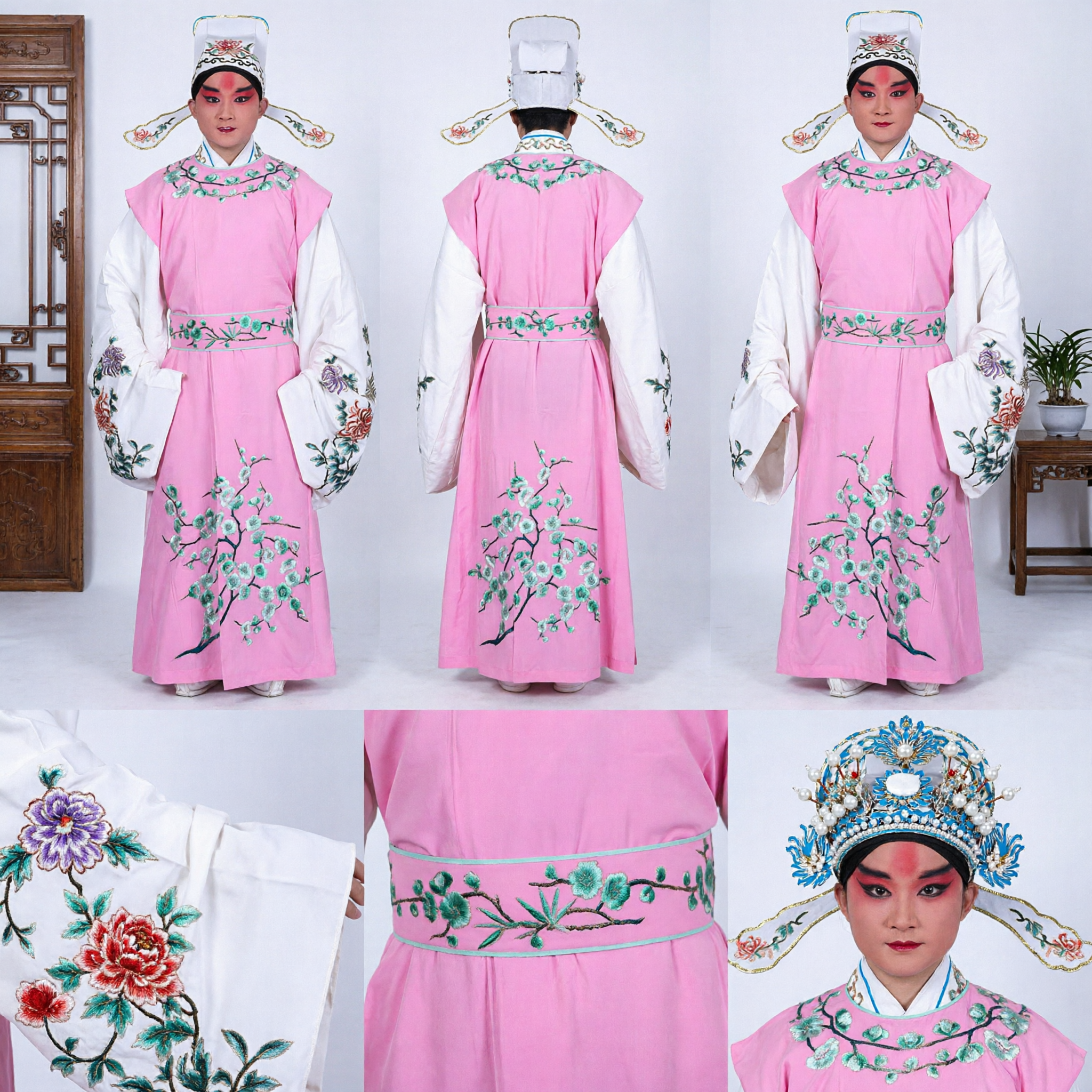 Traditional Chinese Opera Costume for Men Pink Embroidered Scholar Robe Peking Opera Performance Outfit