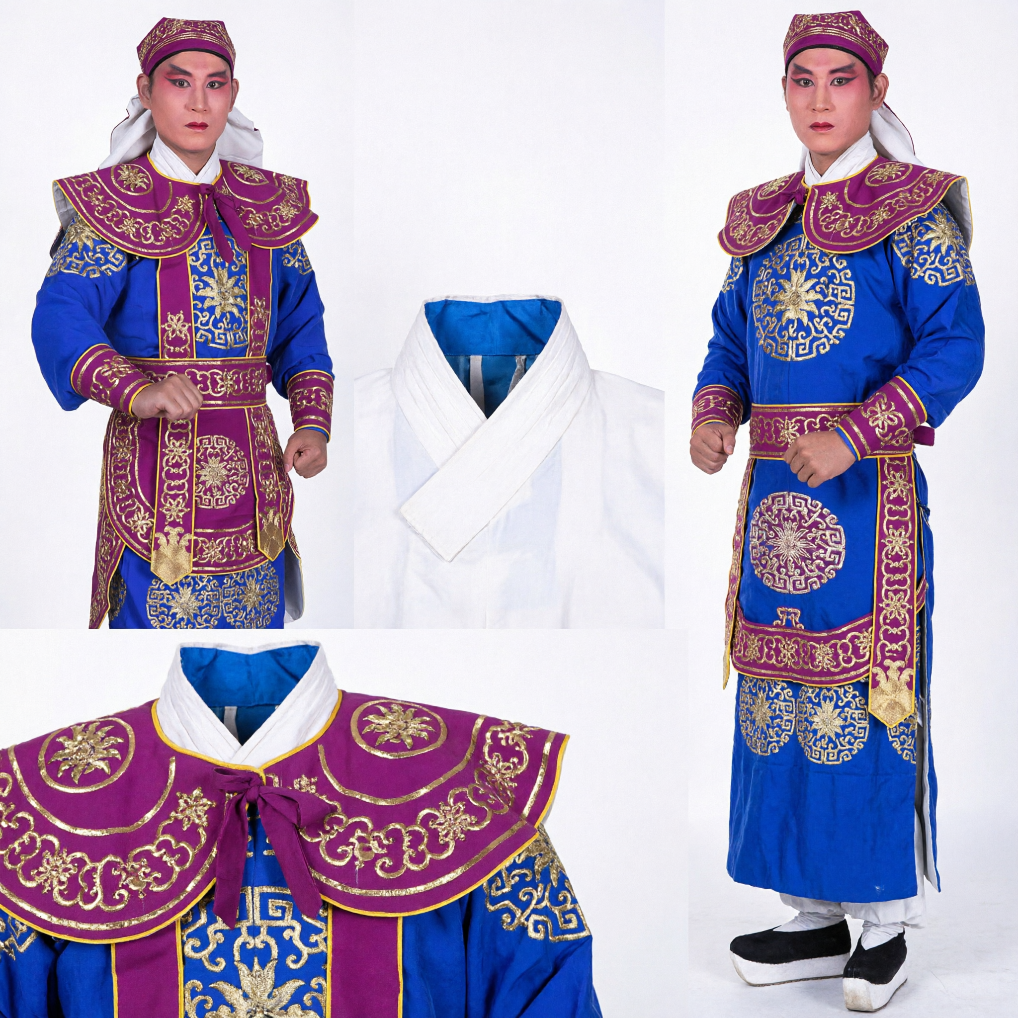 Traditional Chinese Beijing Opera Costume Men Blue Purple General Warrior Embroidery Outfit for Stage Performance