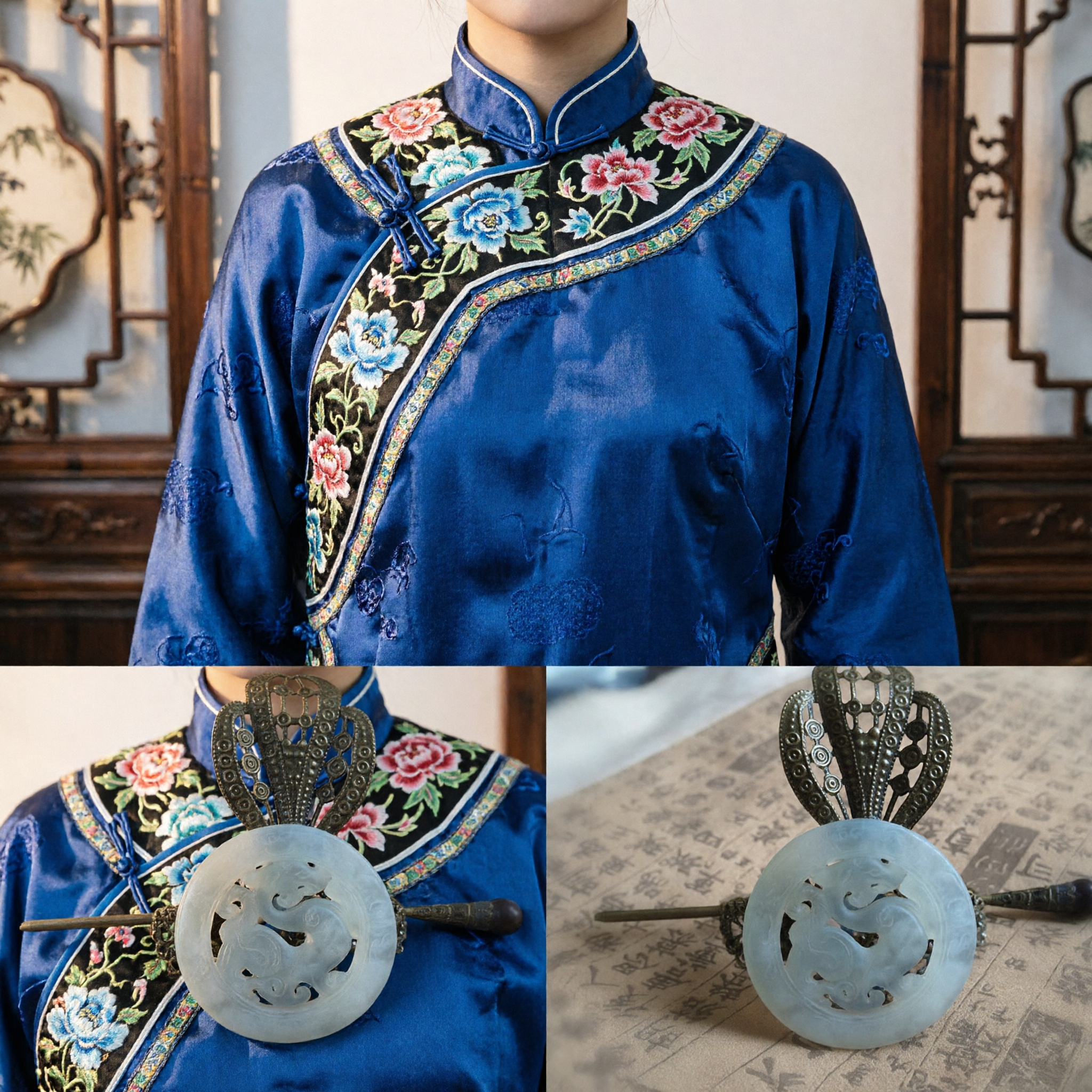 Traditional Chinese Jade Hairpin with Bronze Filigree Phoenix Design Ancient Hanfu Hair Stick for Women