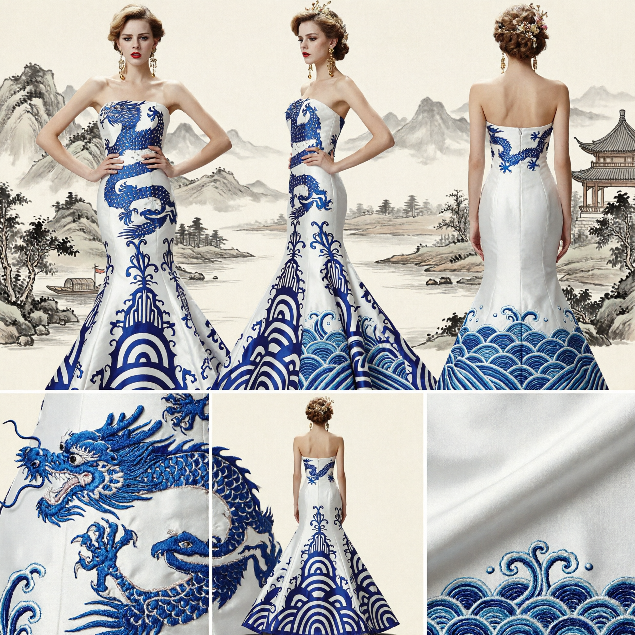 Elegant Strapless Mermaid Evening Gown with Blue Dragon and Porcelain Print for Stage Performance and Galas