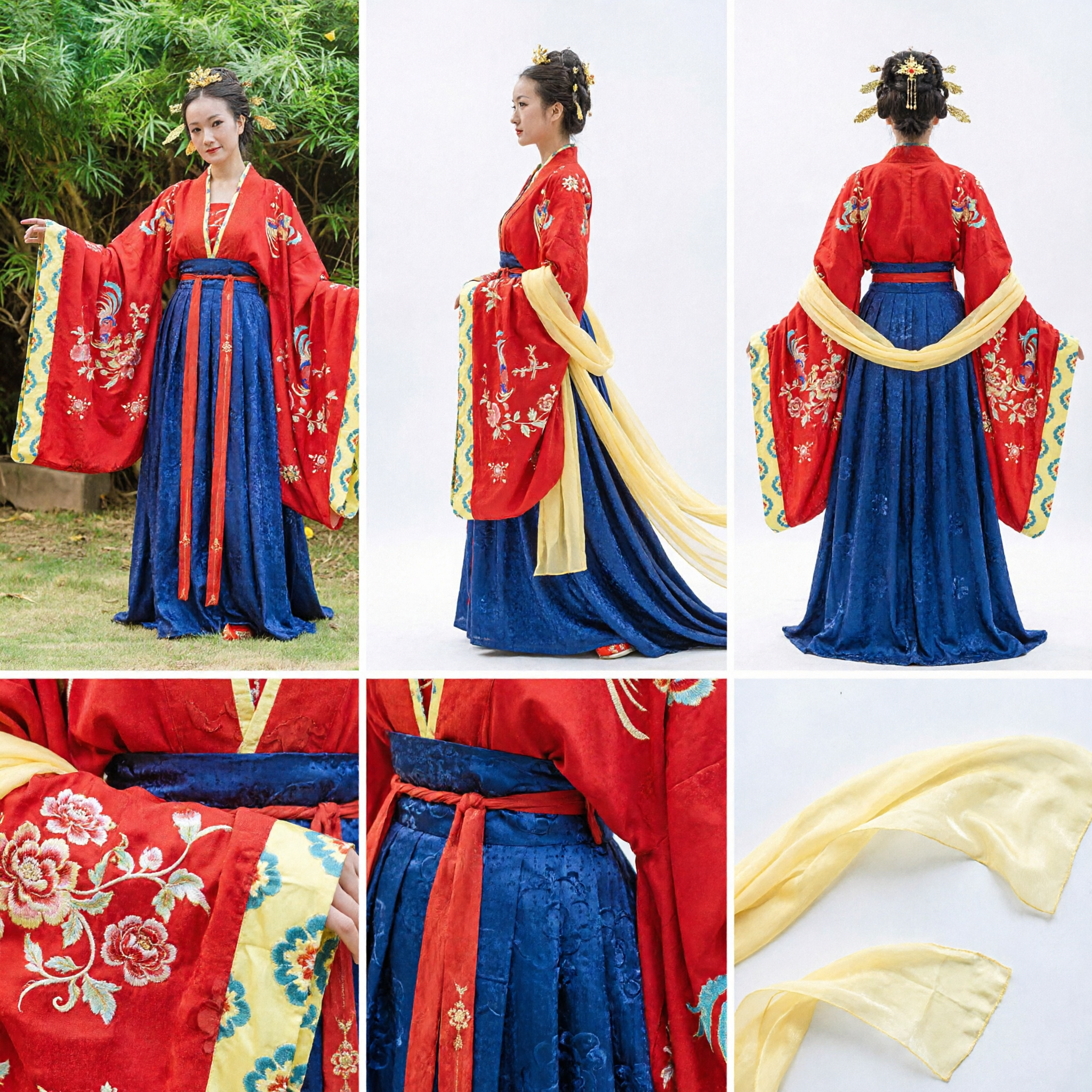 Traditional Chinese Hanfu Costume Tang Dynasty Princess Red Embroidered Robe Blue Skirt Fairy Dress