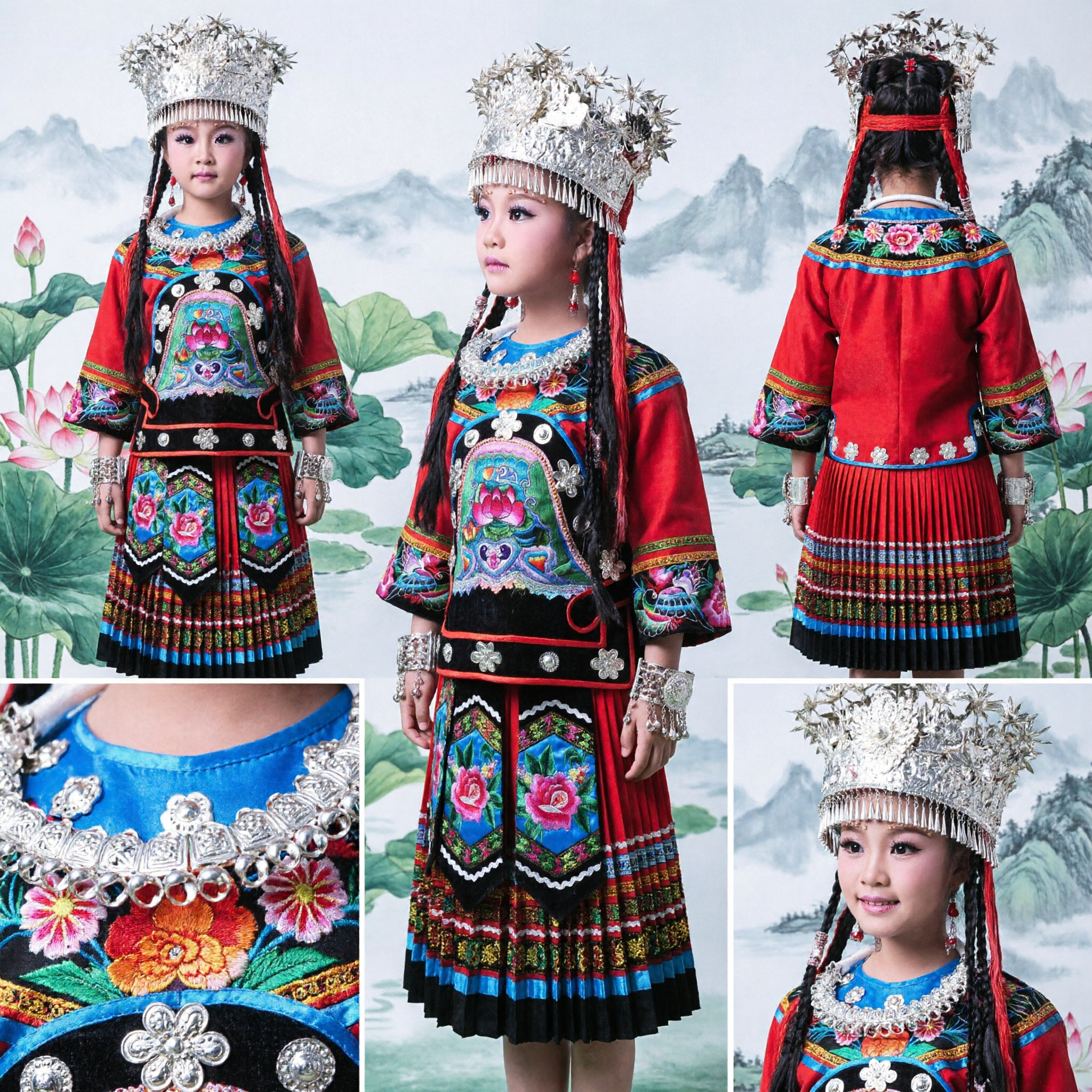 Chinese Miao Minority Traditional Embroidered Dress for Girls Folk Dance Performance Costume with Silver Headdress