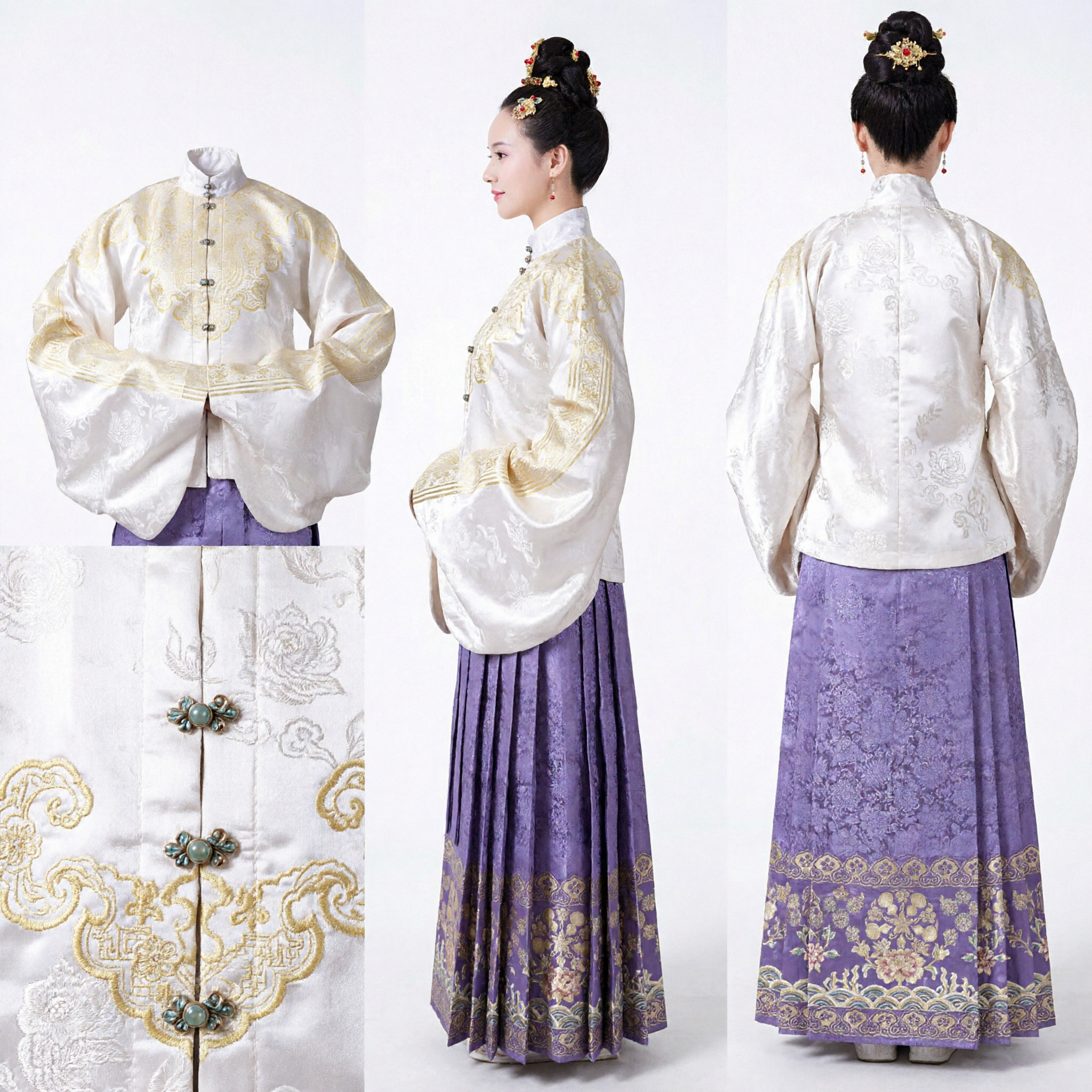 Traditional Chinese Ming Dynasty Hanfu Costume Women's White Embroidered Pifeng Jacket and Purple Skirt Set