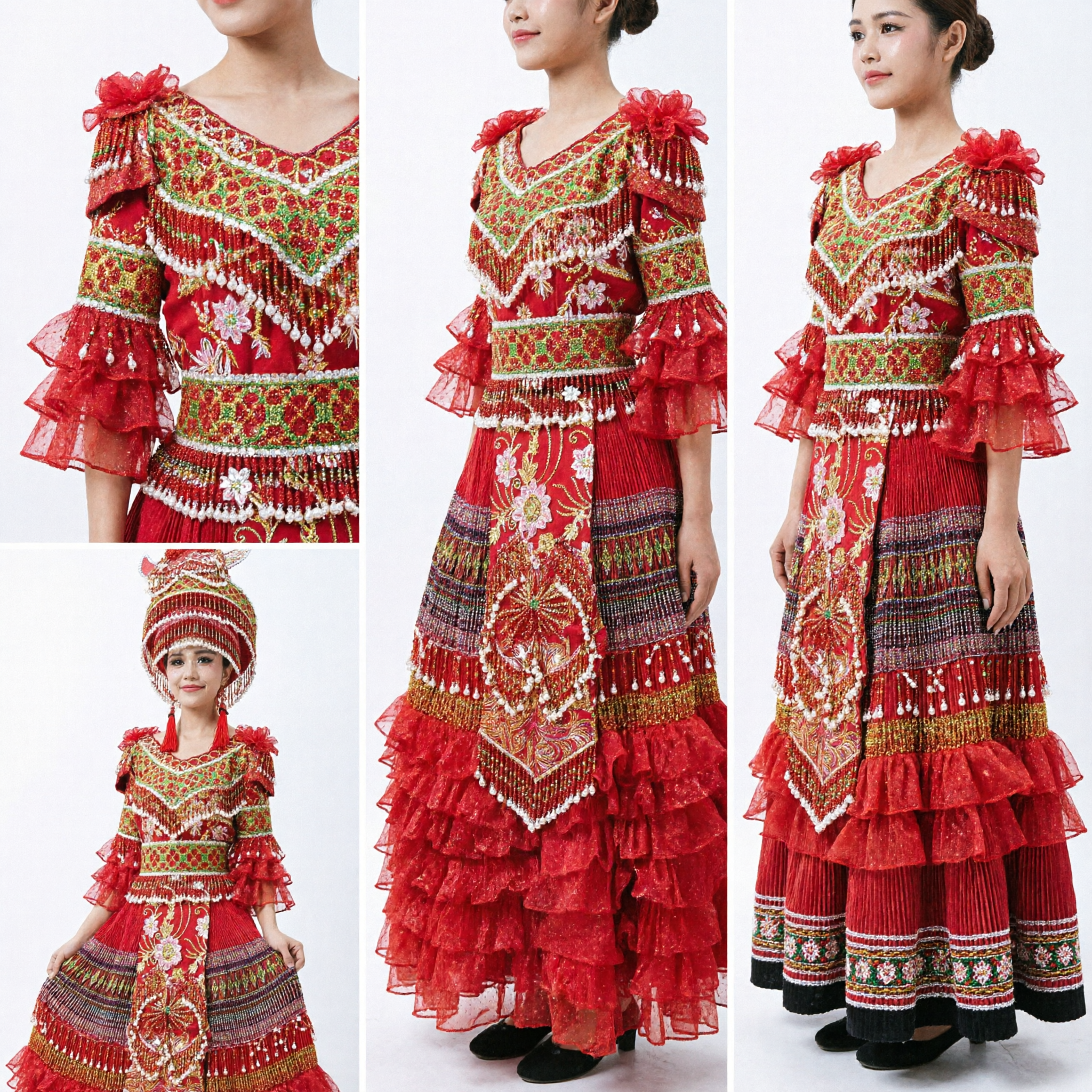 Traditional Chinese Ethnic Minority Red Wedding Dress Embroidered Folk Dance Costume Complete Set with Hat