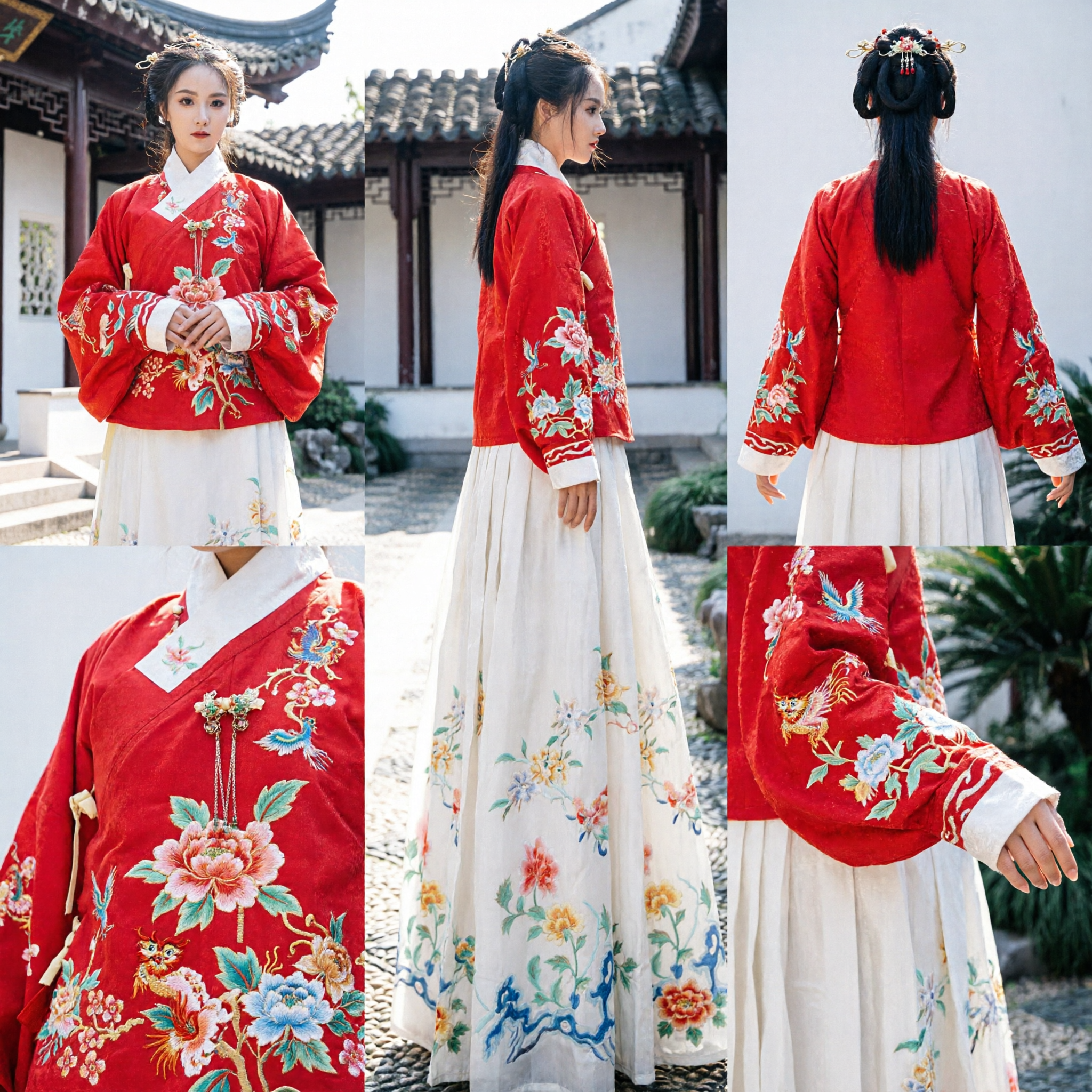 Traditional Chinese Hanfu Ming Dynasty Red Embroidered Ao Top and Floral Skirt Costume for Women