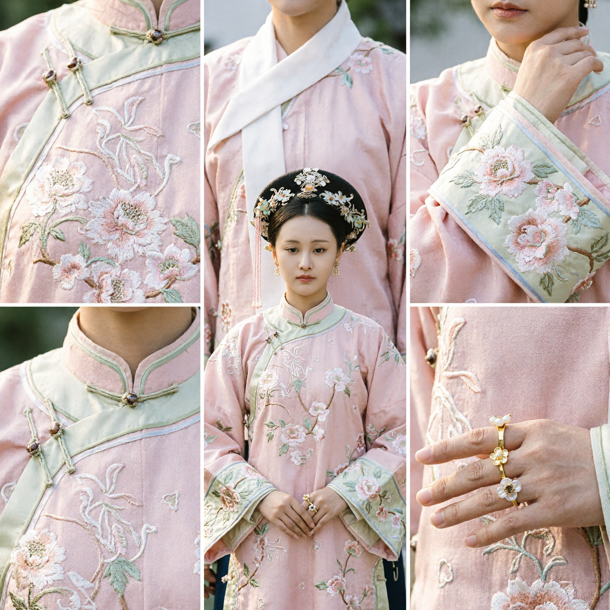 Traditional Chinese Qing Dynasty Palace Costume Pink Manchu Dress with Floral Headdress for Women Cosplay
