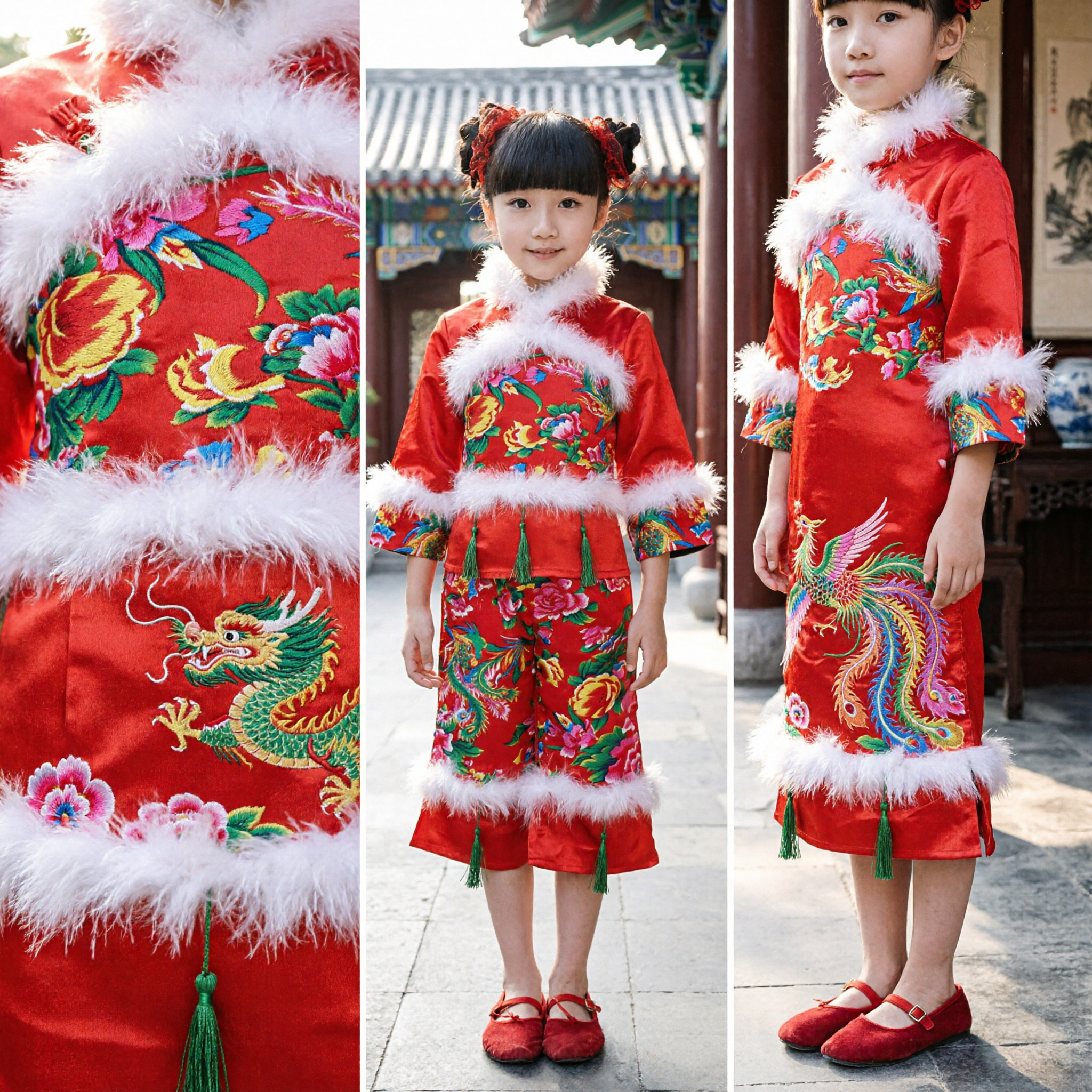 Traditional Chinese Girls Tang Suit Red Winter Fur Trim Embroidery Costume for Chinese New Year Festival Kids
