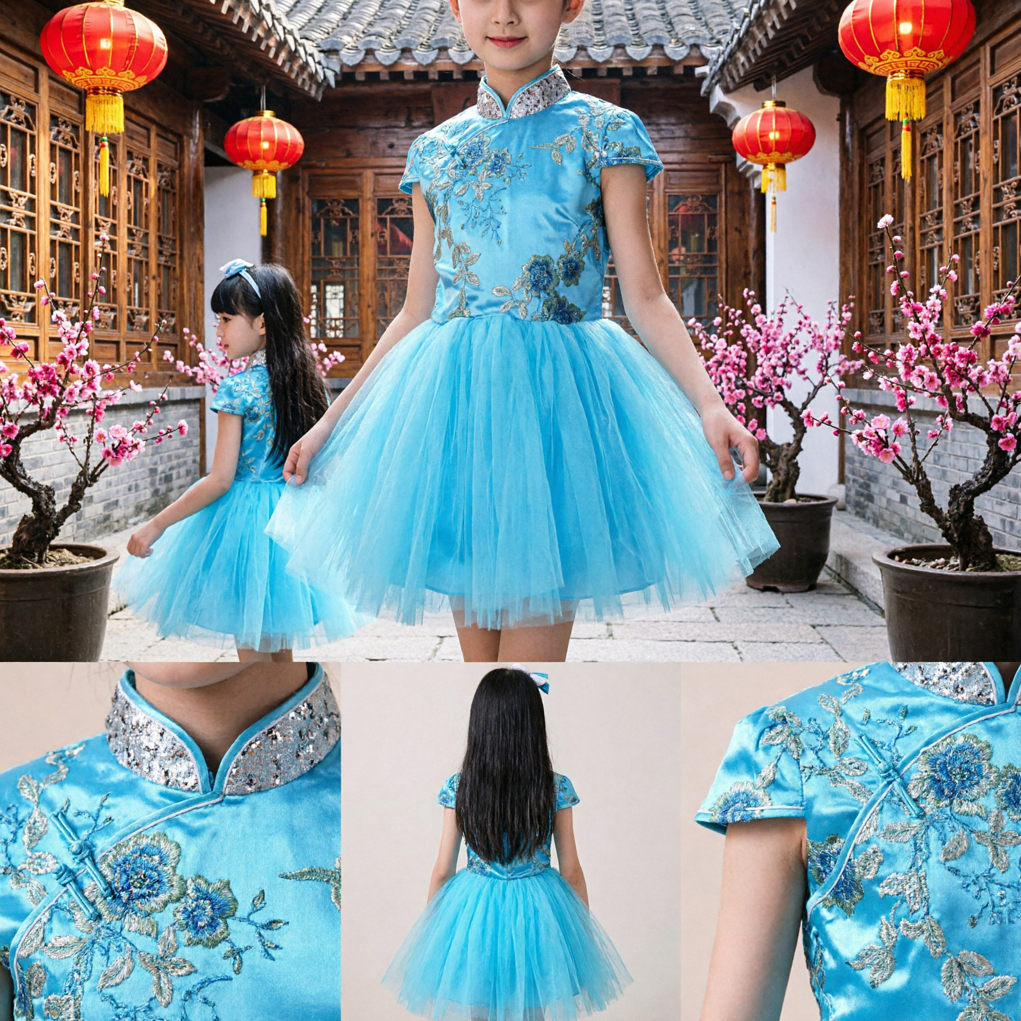 Girls Blue Embroidered Cheongsam Dress Traditional Chinese Qipao Top with Tulle Skirt for Kids Party