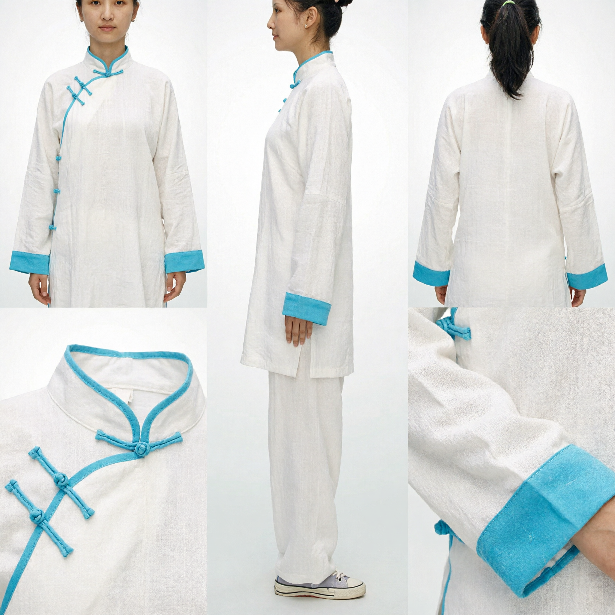 Women's White Traditional Tai Chi Uniform Kung Fu Suit with Blue Trim Martial Arts Clothing Set