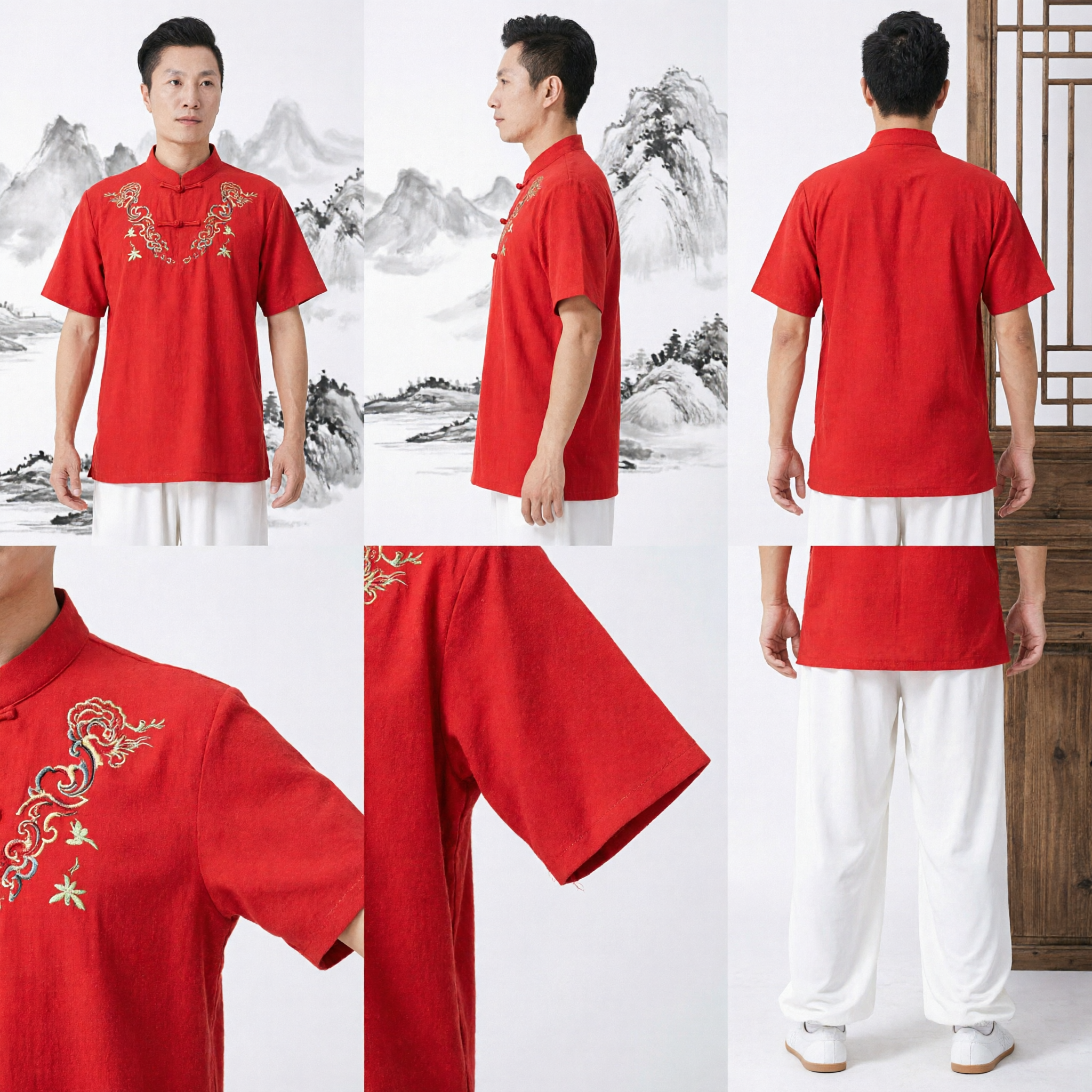 Men's Red Short Sleeve Tai Chi Kung Fu Uniform with Gold Dragon Embroidery Traditional Martial Arts Costume