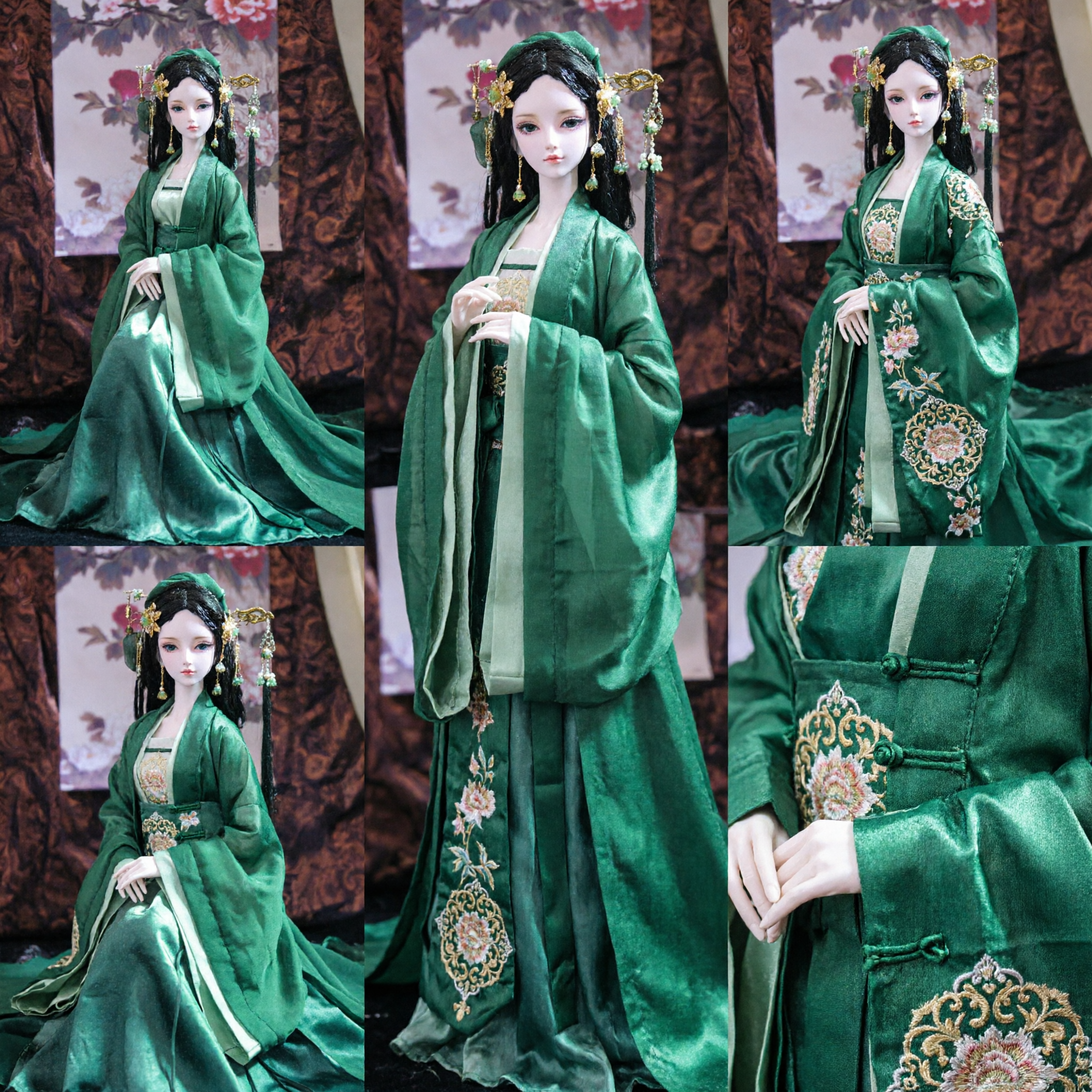 Traditional Chinese Green Hanfu Costume for BJD Dolls Ancient Fairy Style Dress with Elaborate Hair Accessories