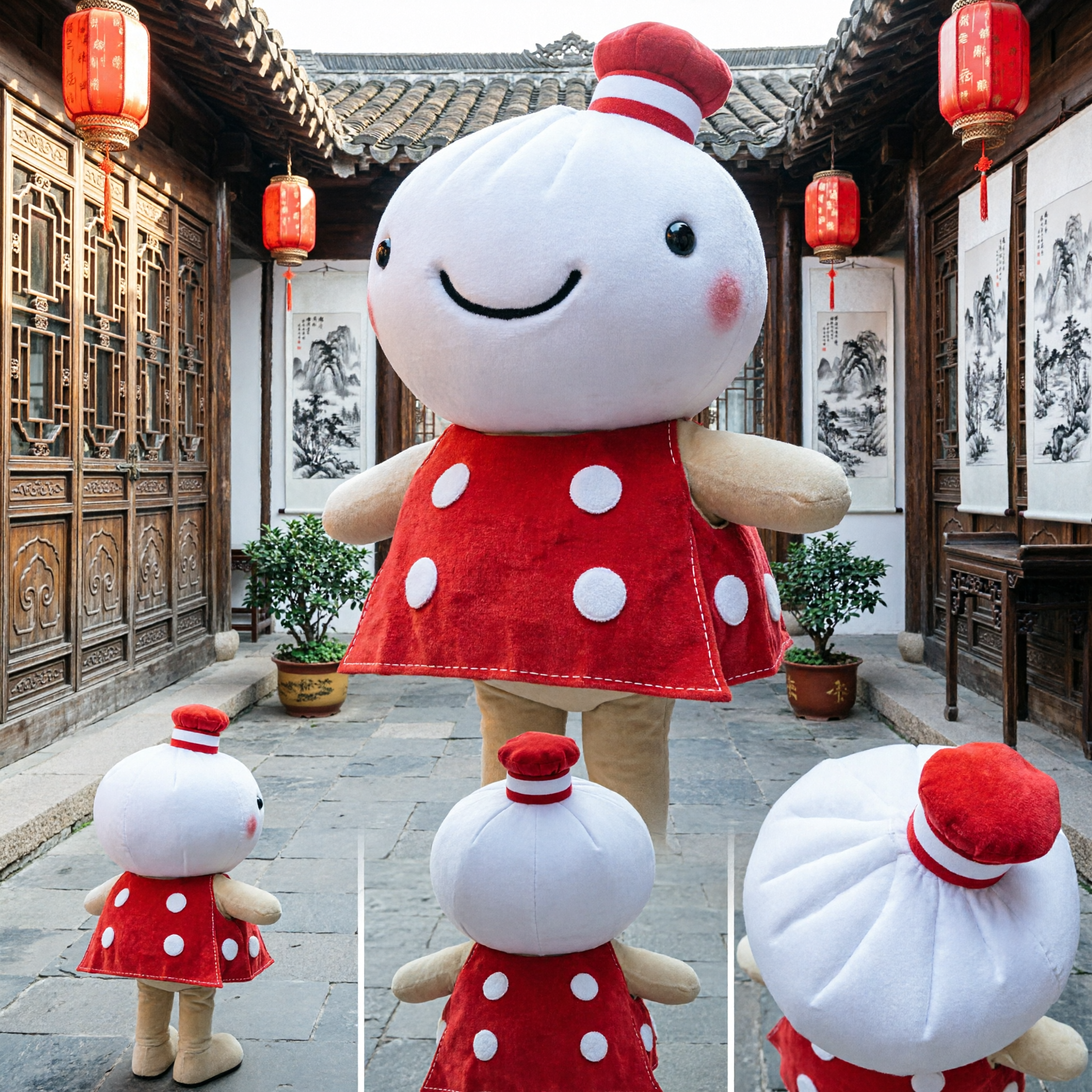 Adult Size Cute Steamed Bun Baozi Mascot Costume Red Dress for Festival Parade Party