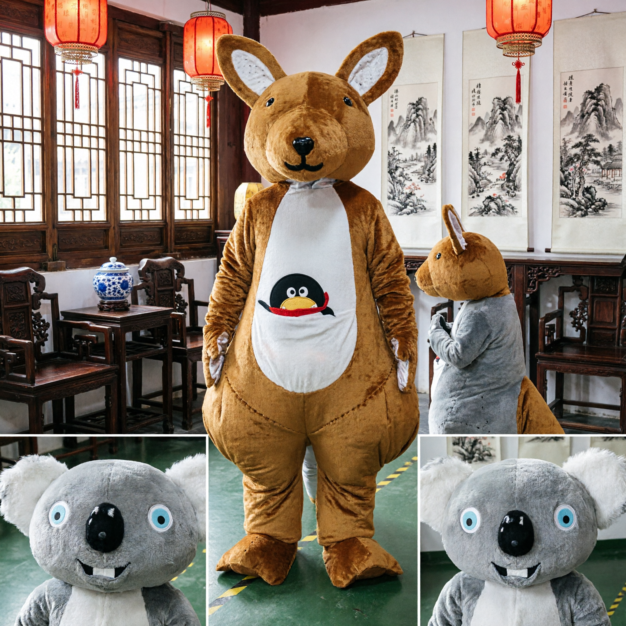 Adult Plush Kangaroo with Joey and Koala Bear Mascot Costumes for Carnival Theme Parties
