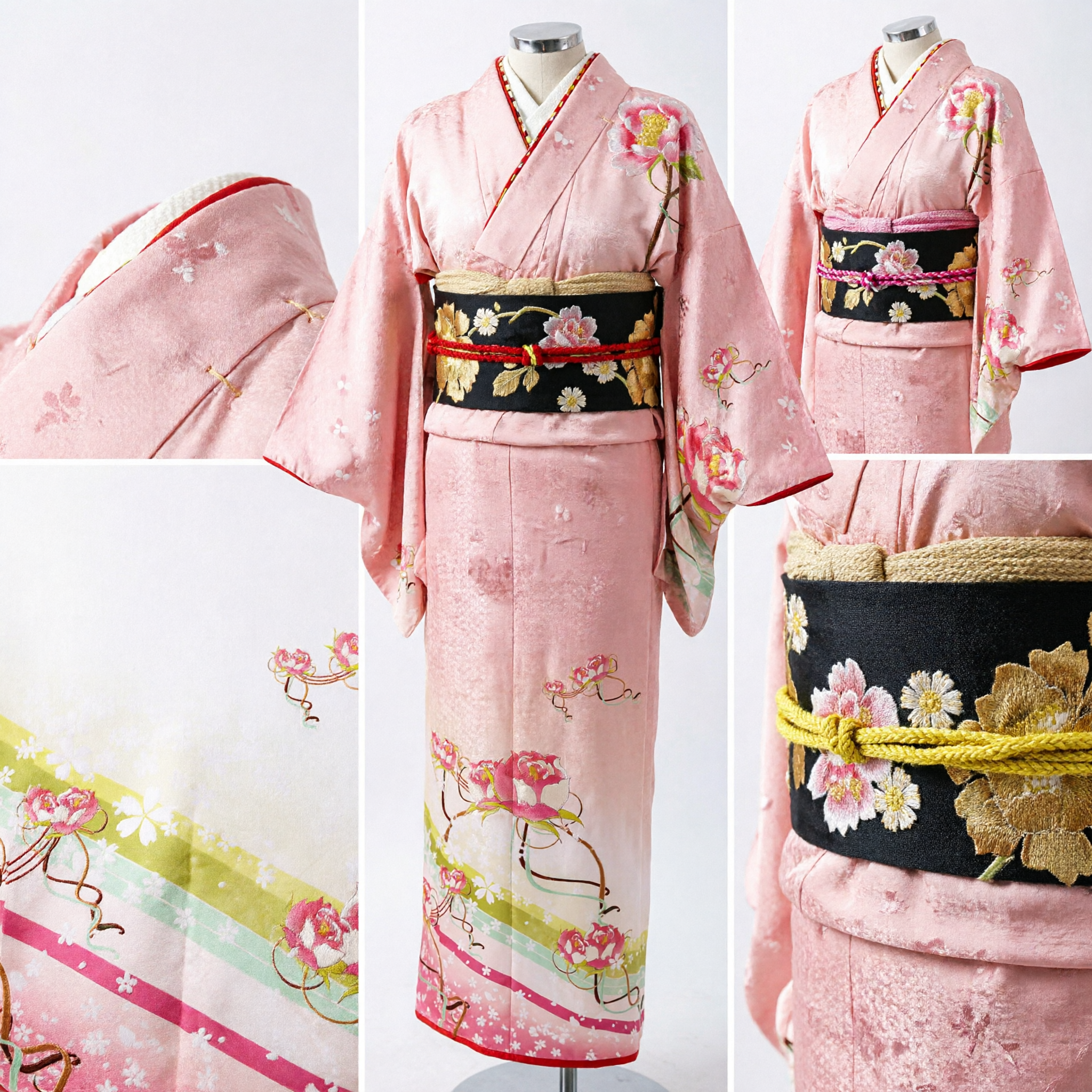 Traditional Japanese Pink Kimono with Lotus and Cherry Blossom Print for Women Formal Wedding Ceremony Costume
