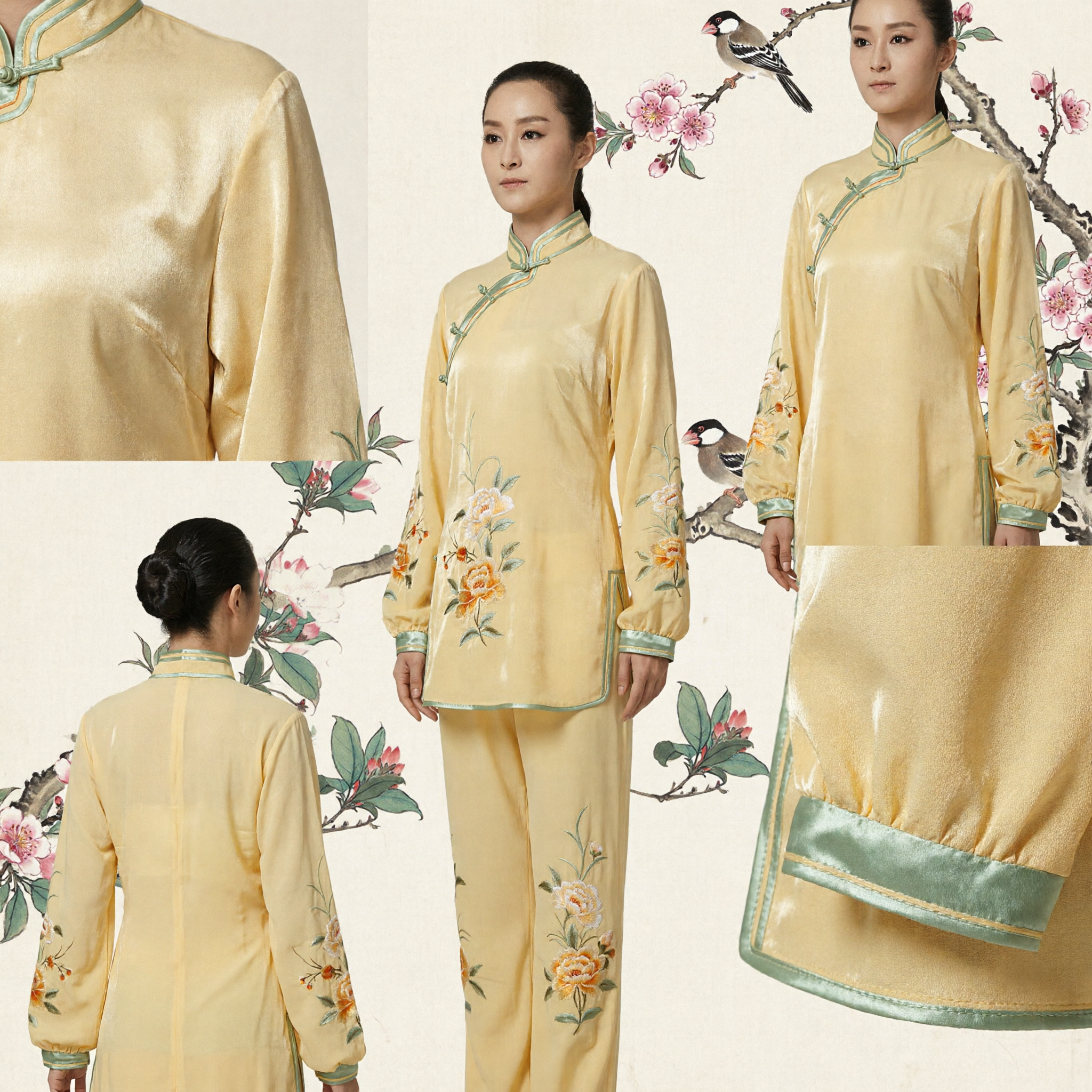 Women's Yellow Traditional Chinese Tai Chi Kung Fu Suit with Floral Embroidery for Martial Arts Training