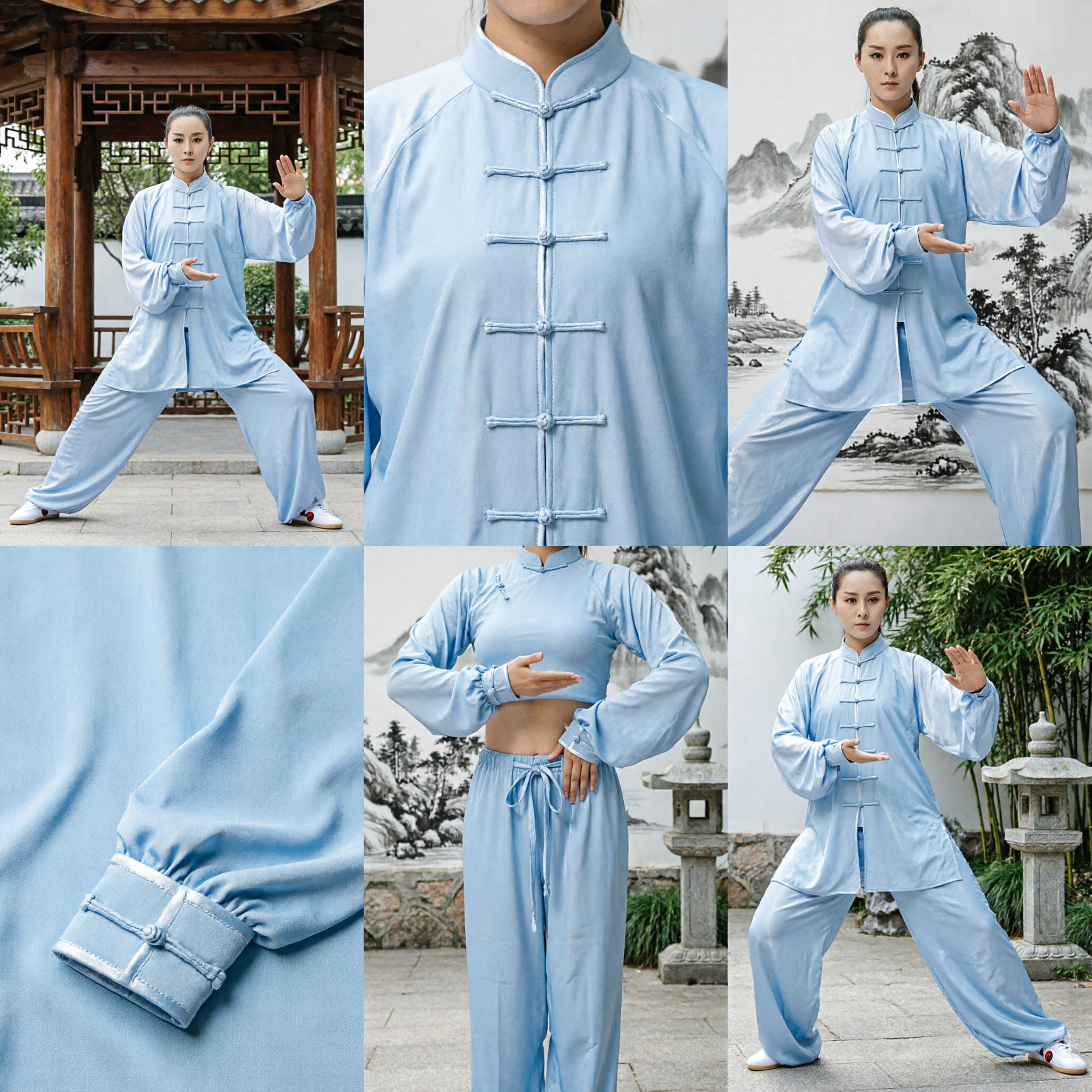 Women's Light Blue Traditional Chinese Kung Fu Tai Chi Uniform Silk Martial Arts Suit for Performance