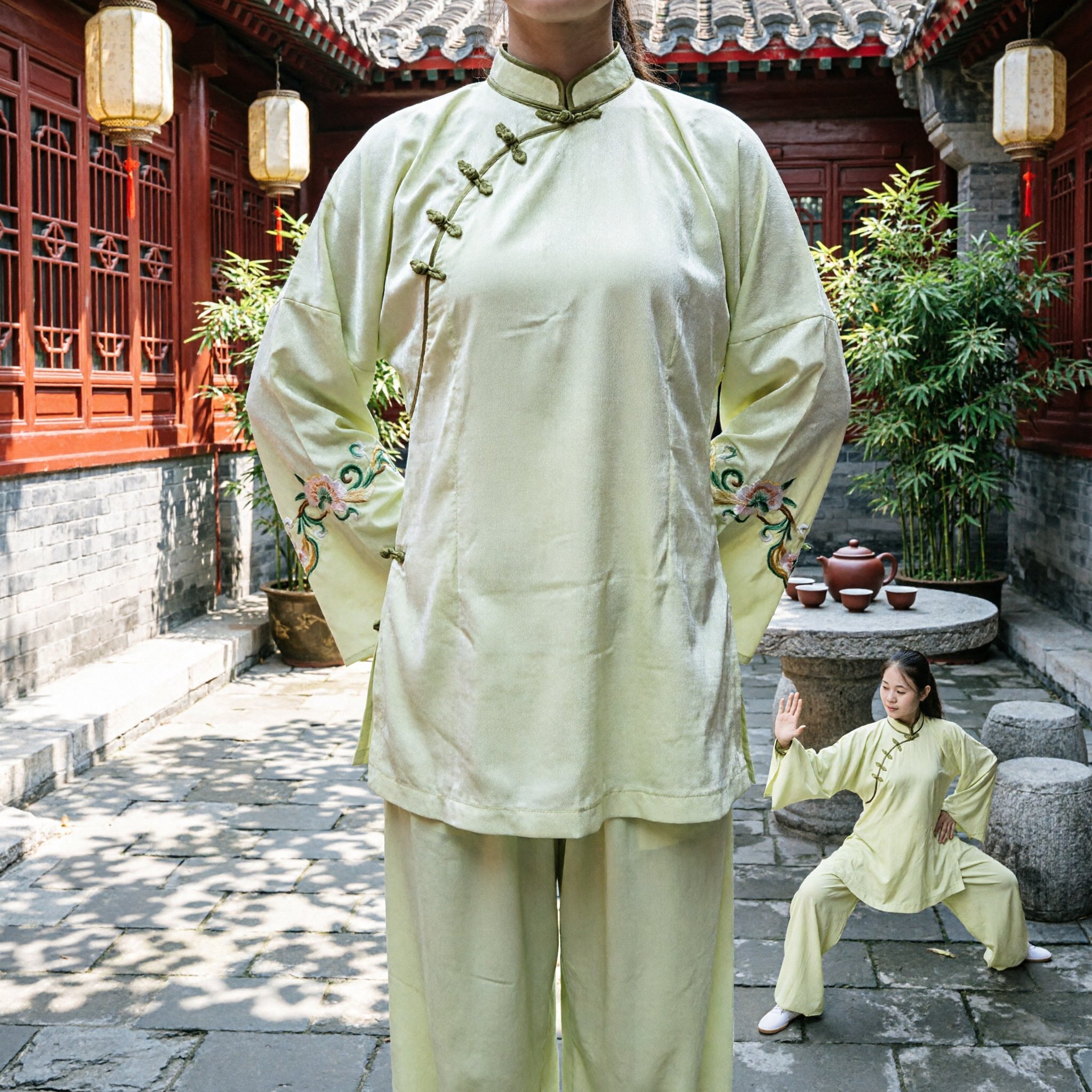 Traditional Chinese Tai Chi Uniform Women's Light Green Kung Fu Suit Martial Arts Clothing for Meditation