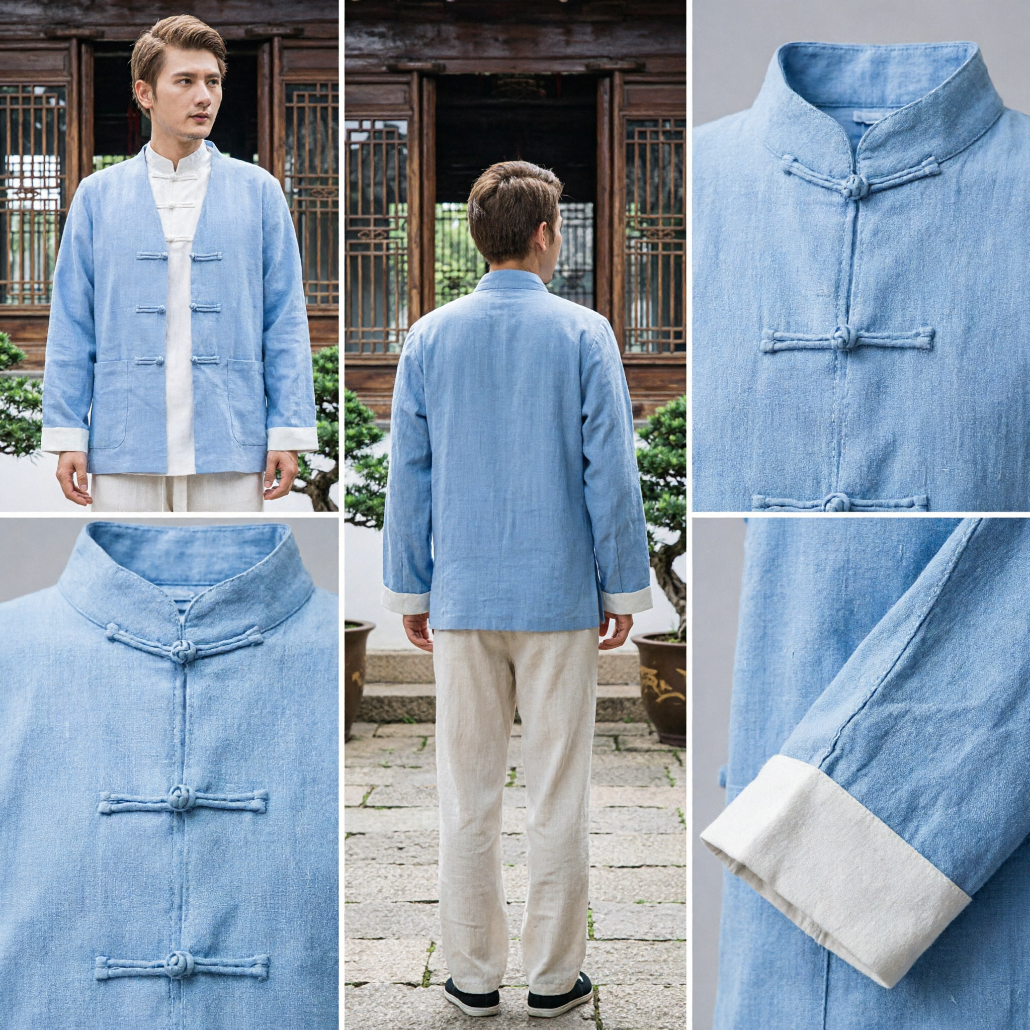 Men's Light Blue Traditional Chinese Tang Suit Linen Kung Fu Jacket Tai Chi Uniform for Meditation