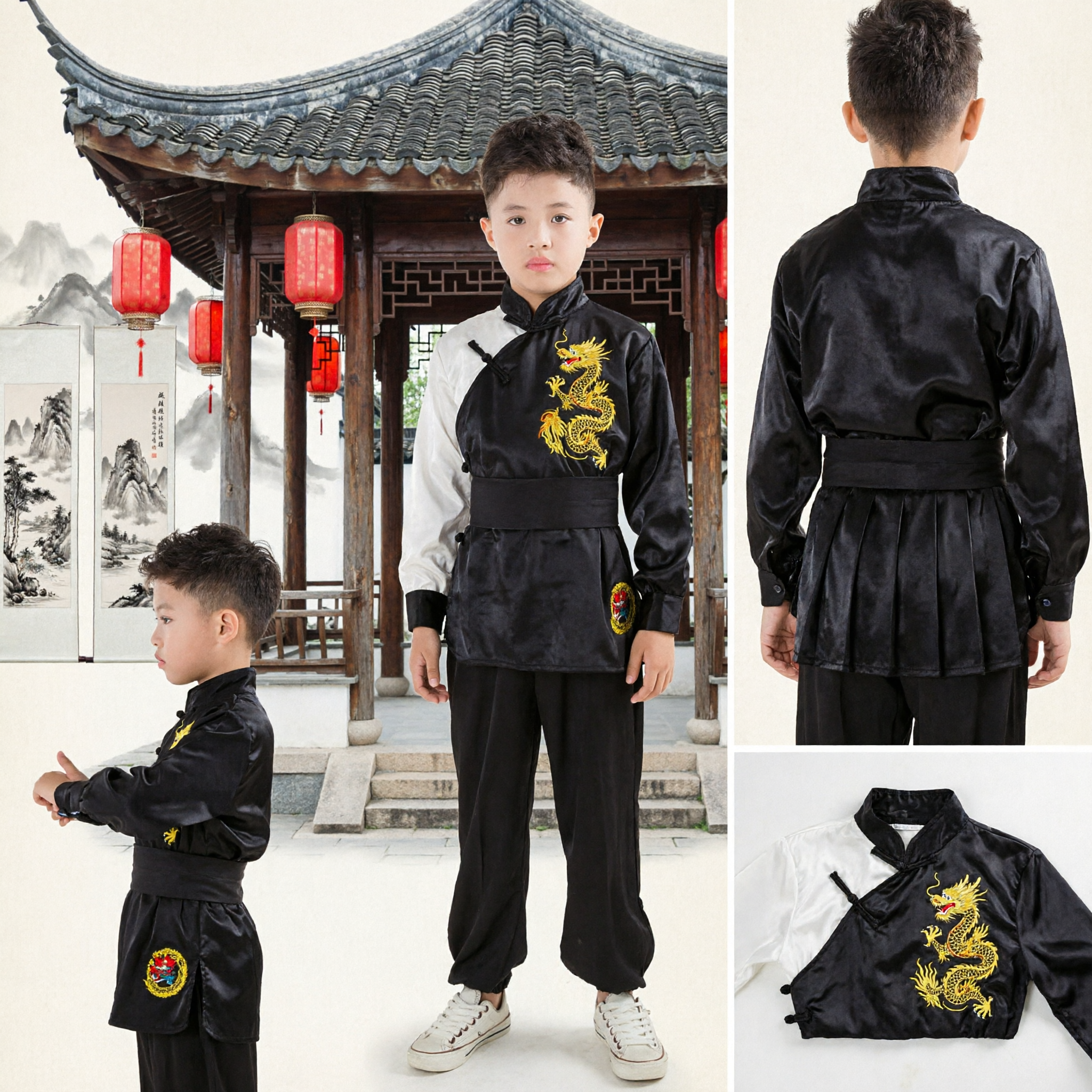 Kids Kung Fu Uniform Set Boys Traditional Chinese Wushu Martial Arts Costume with Dragon Embroidery