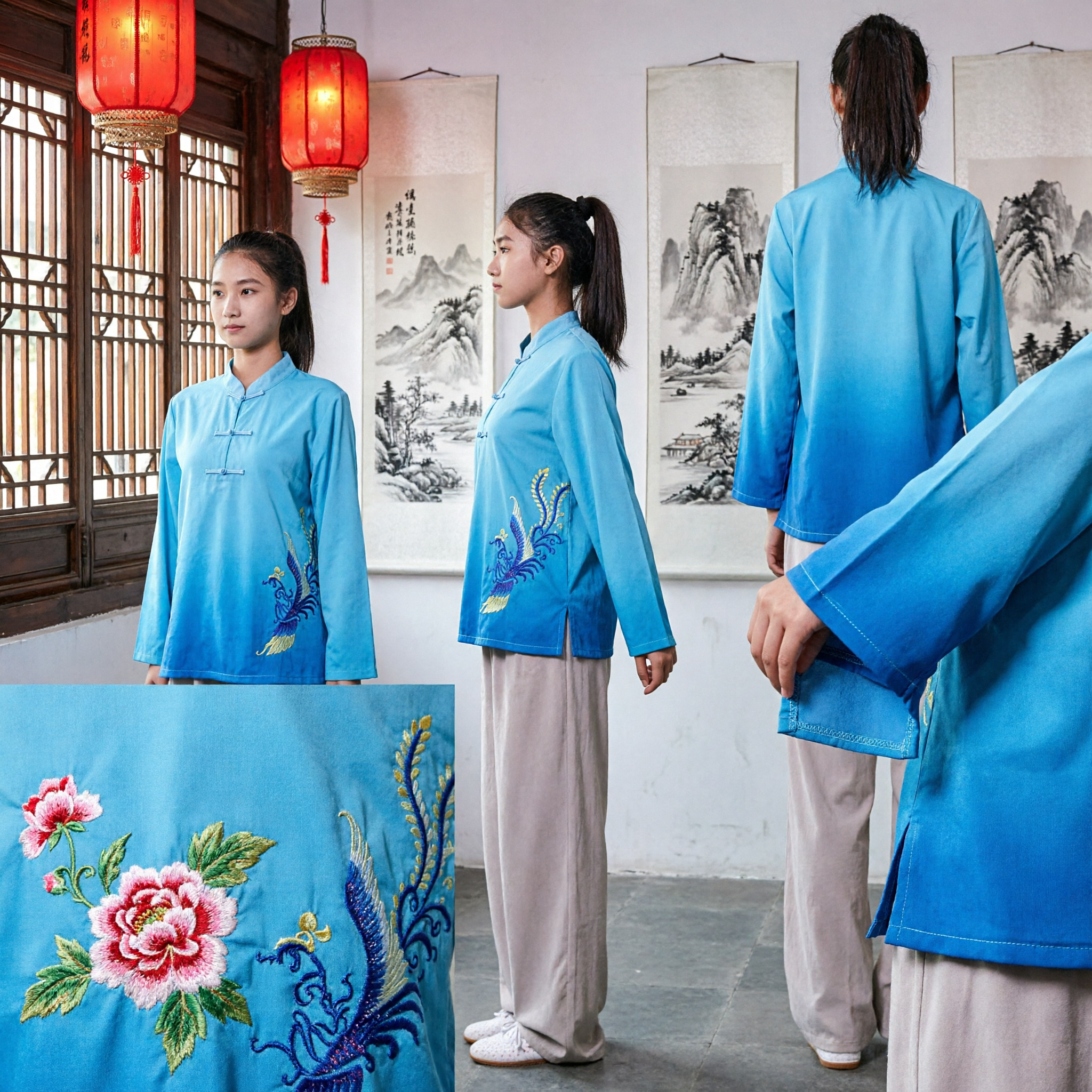 Women's Blue Embroidered Tai Chi Uniform Traditional Kung Fu Martial Arts Clothing Set for Training