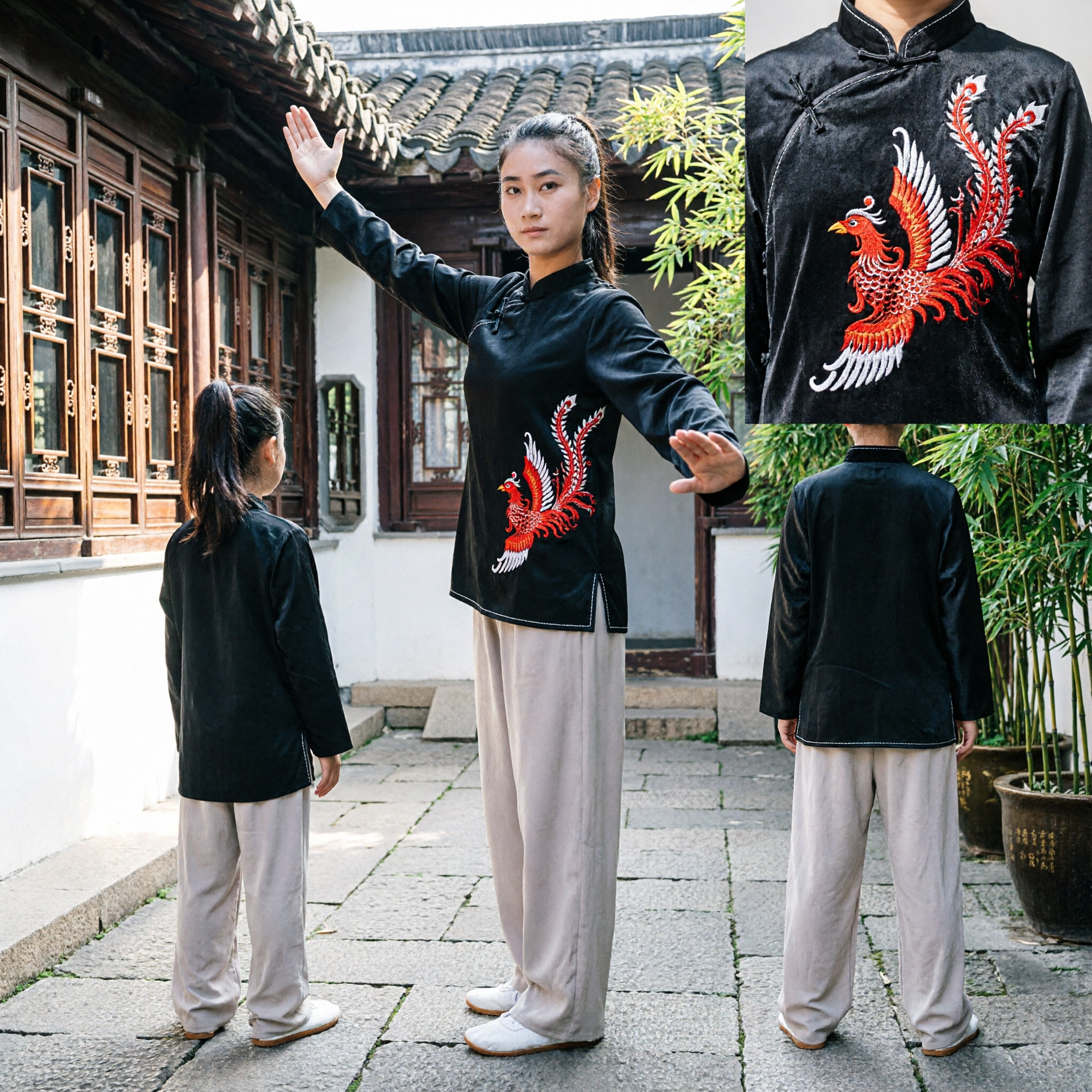 Women's Black Tai Chi Uniform with Red Phoenix Embroidery Traditional Kung Fu Wushu Martial Arts Clothing Set