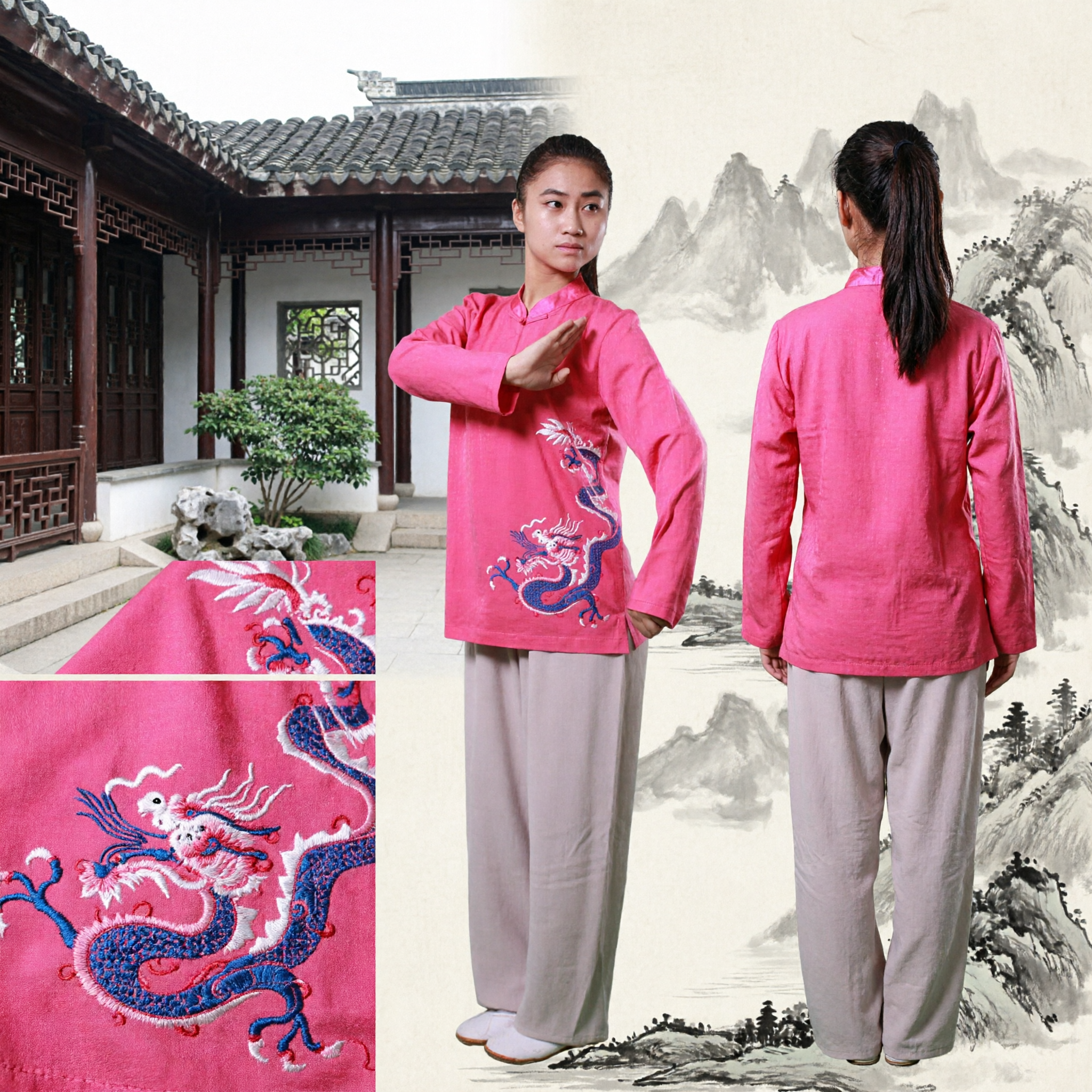 Women's Pink Tai Chi Uniform Traditional Chinese Dragon Embroidery Kung Fu Suit for Martial Arts Practice