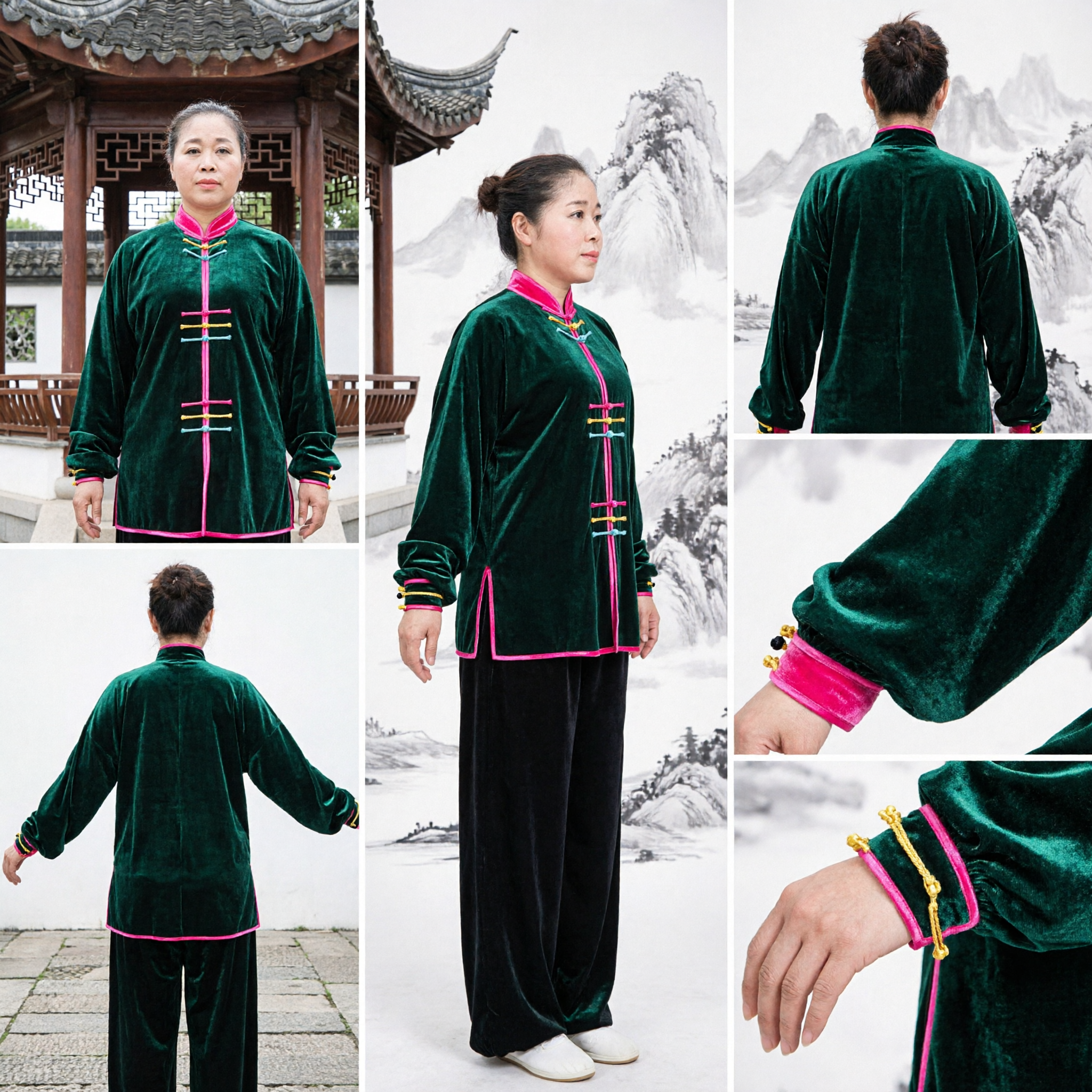 Women's Dark Green Velvet Tai Chi Uniform Traditional Chinese Kung Fu Suit for Wushu Practice