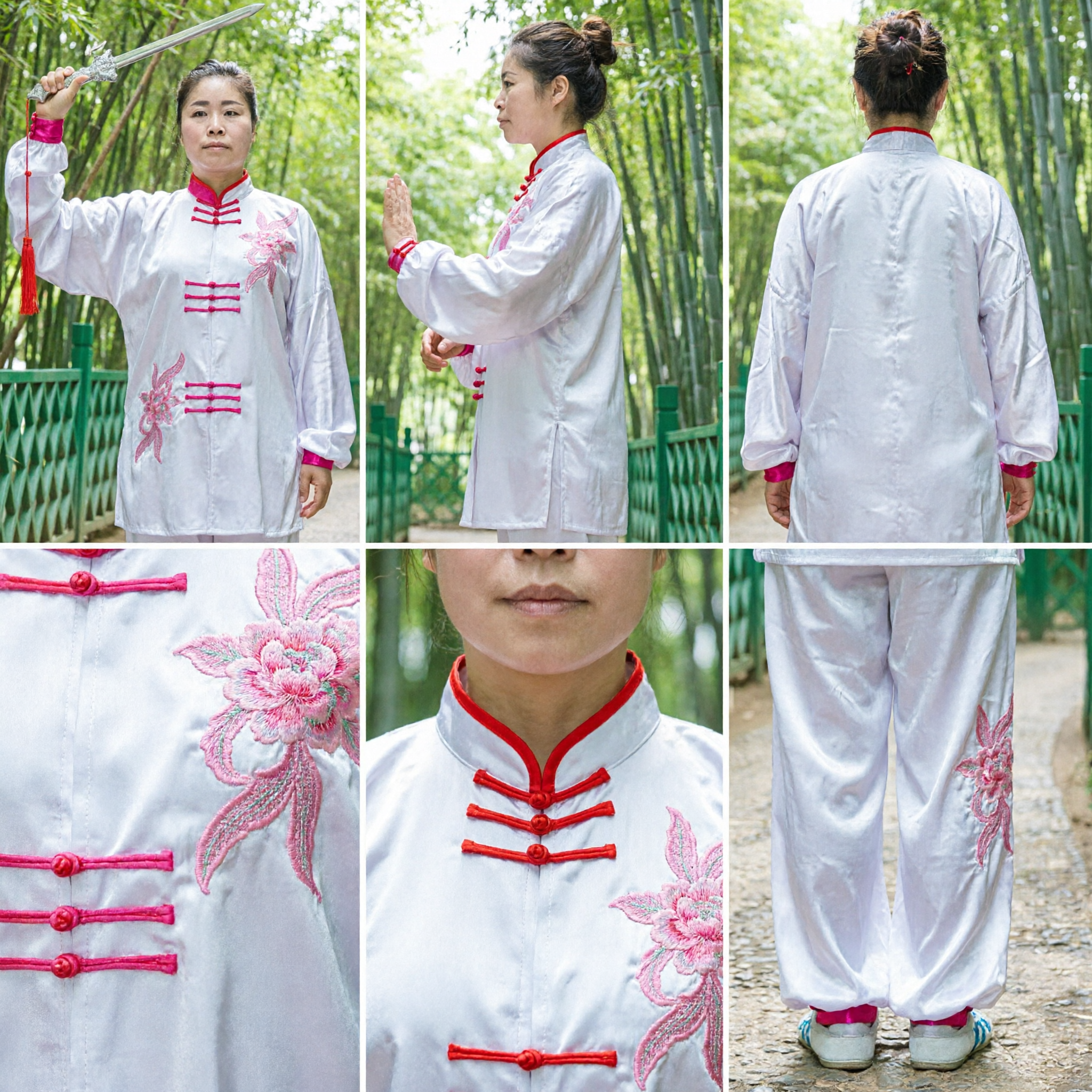 Women's White Tai Chi Uniform Set Traditional Kung Fu Wushu Costume with Pink Embroidery for Training