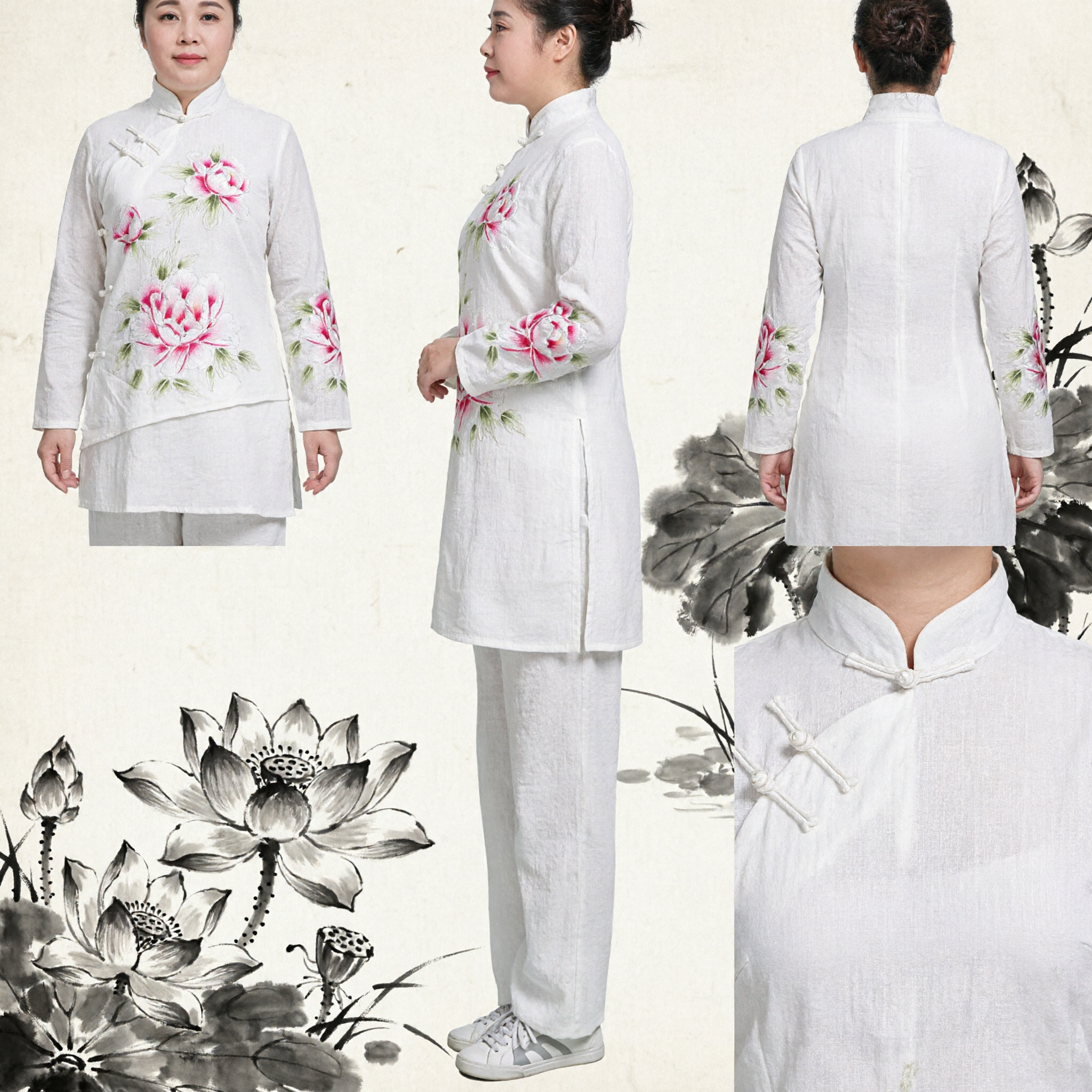 Women's White Linen Tang Suit Traditional Chinese Clothing with Lotus Embroidery for Tai Chi and Daily Wear