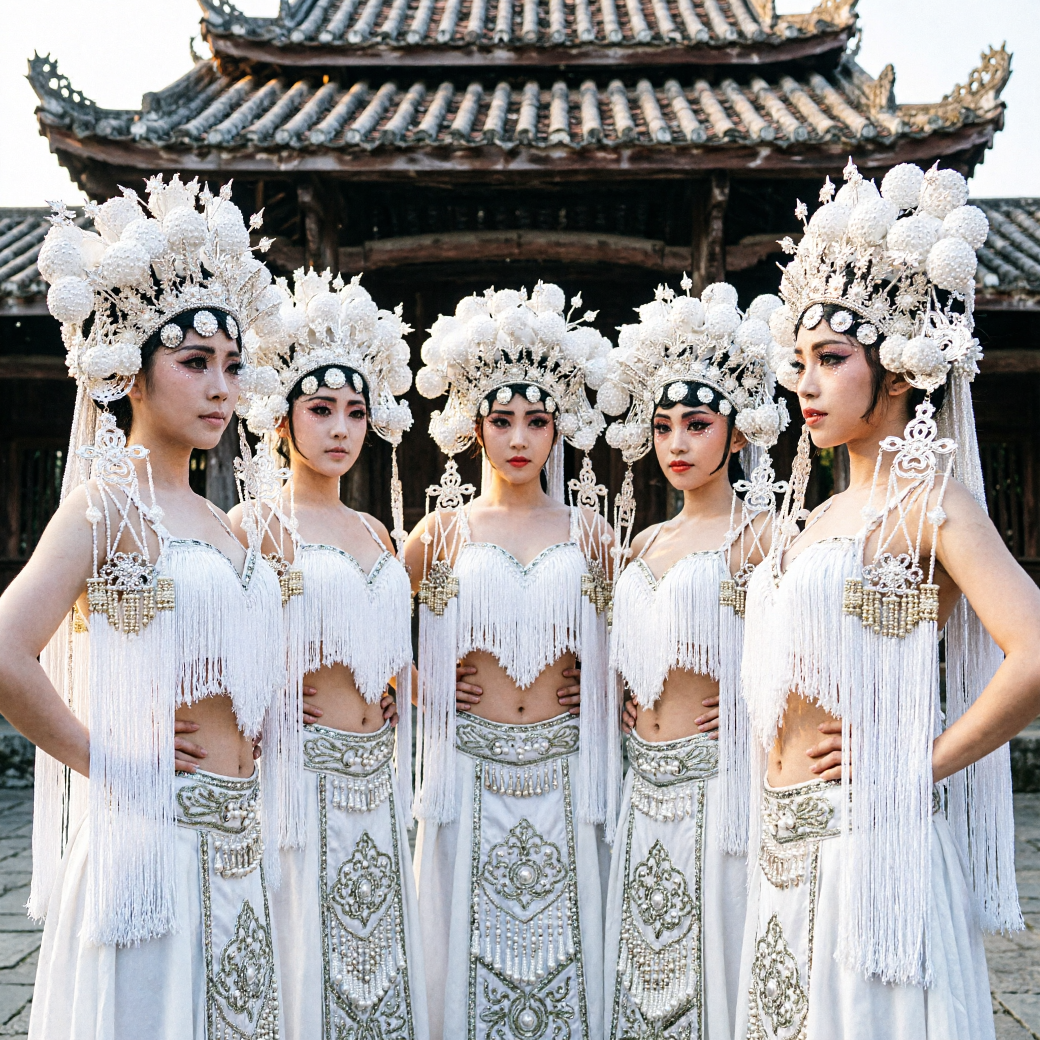 Traditional Chinese Ethnic Dance Costume White Elaborate Headdress Silver Fringe Stage Performance Outfit for Women