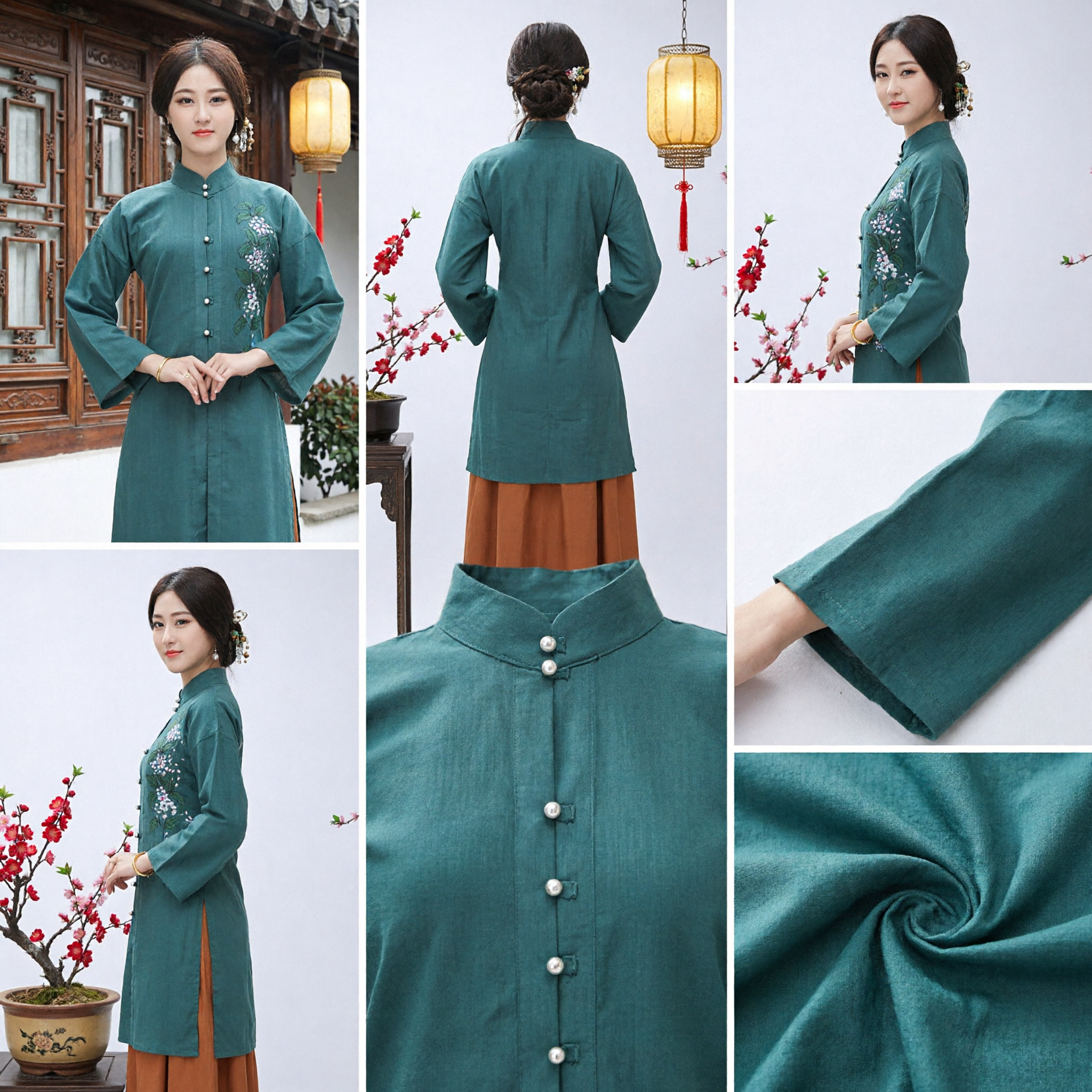 Traditional Chinese Women's Tang Suit Embroidered Mandarin Collar Top and Long Skirt Set for Tea Ceremony