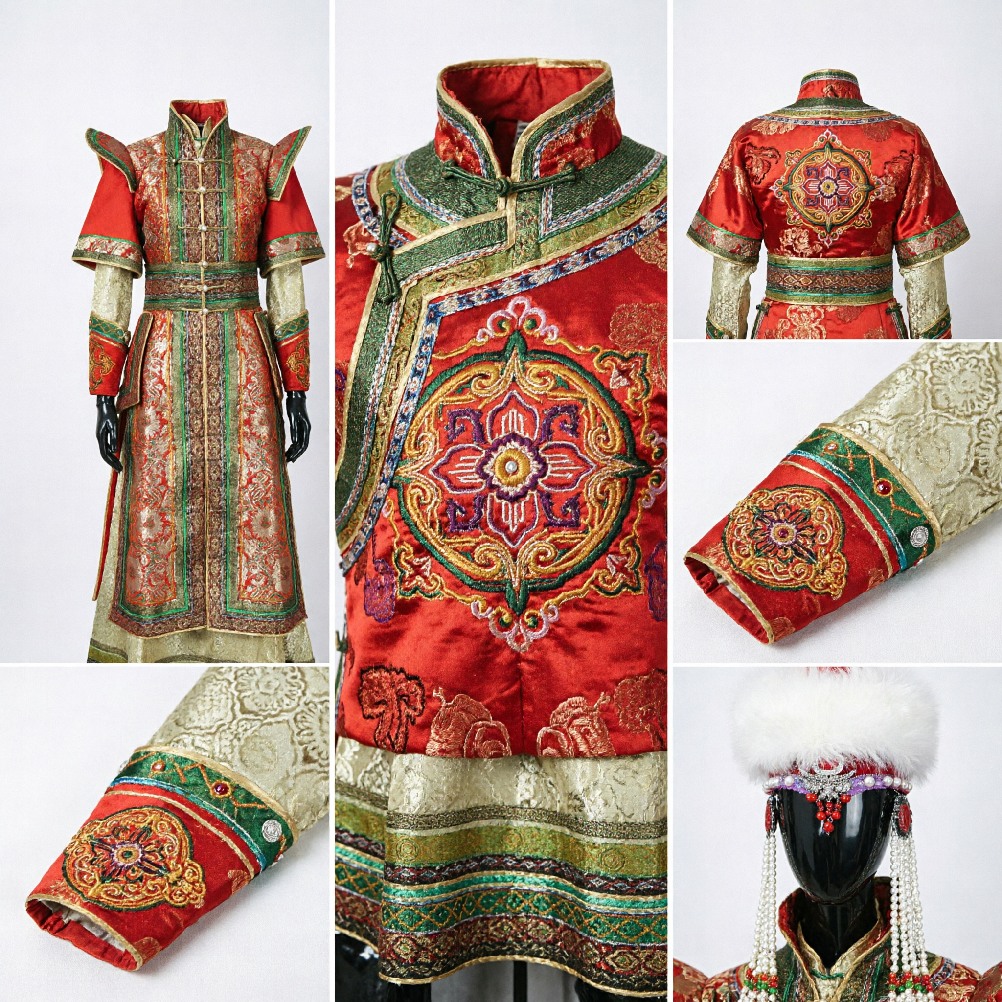 Traditional Mongolian Ethnic Minority Costume for Women Red Embroidered Robe with Fur Hat for Stage Performance