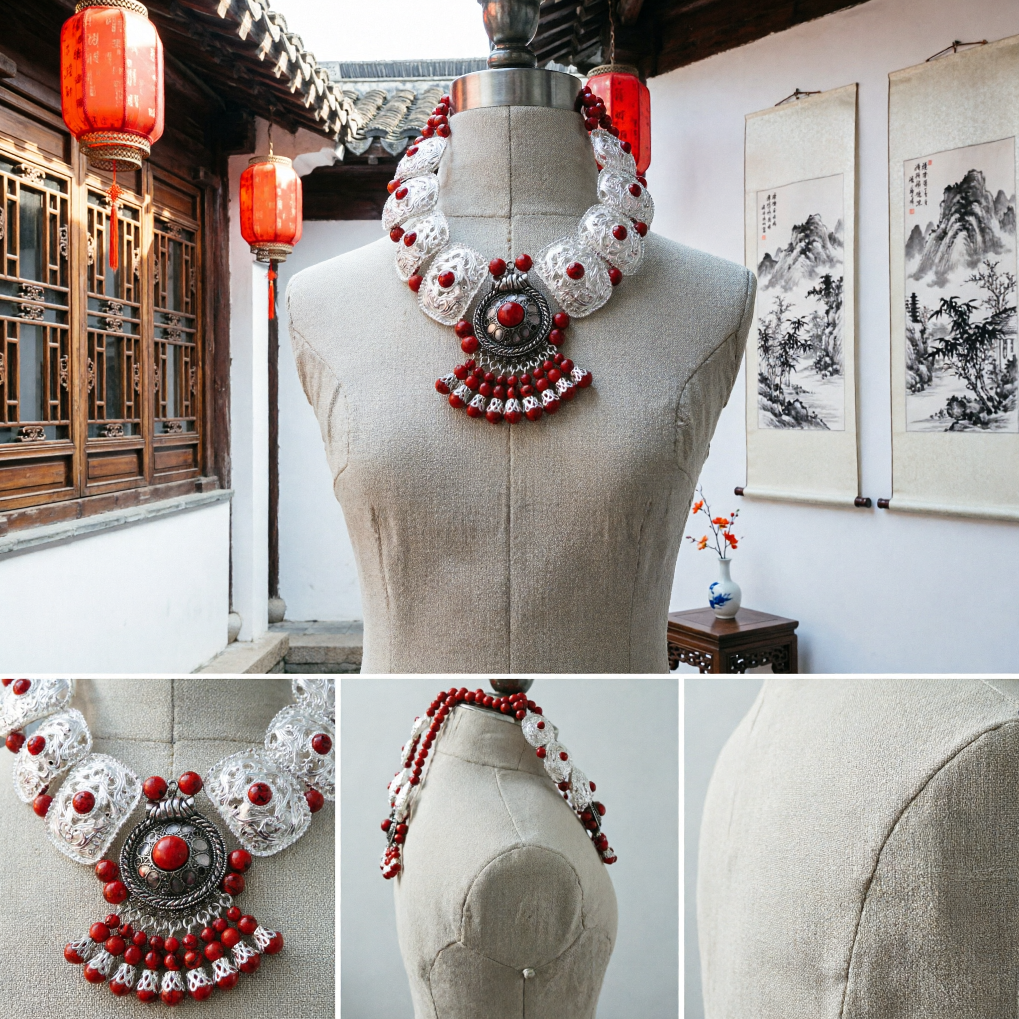 Traditional Chinese Miao Silver Necklace with Red Beads Ethnic Tribal Bridal Costume Jewelry Statement Piece for Women