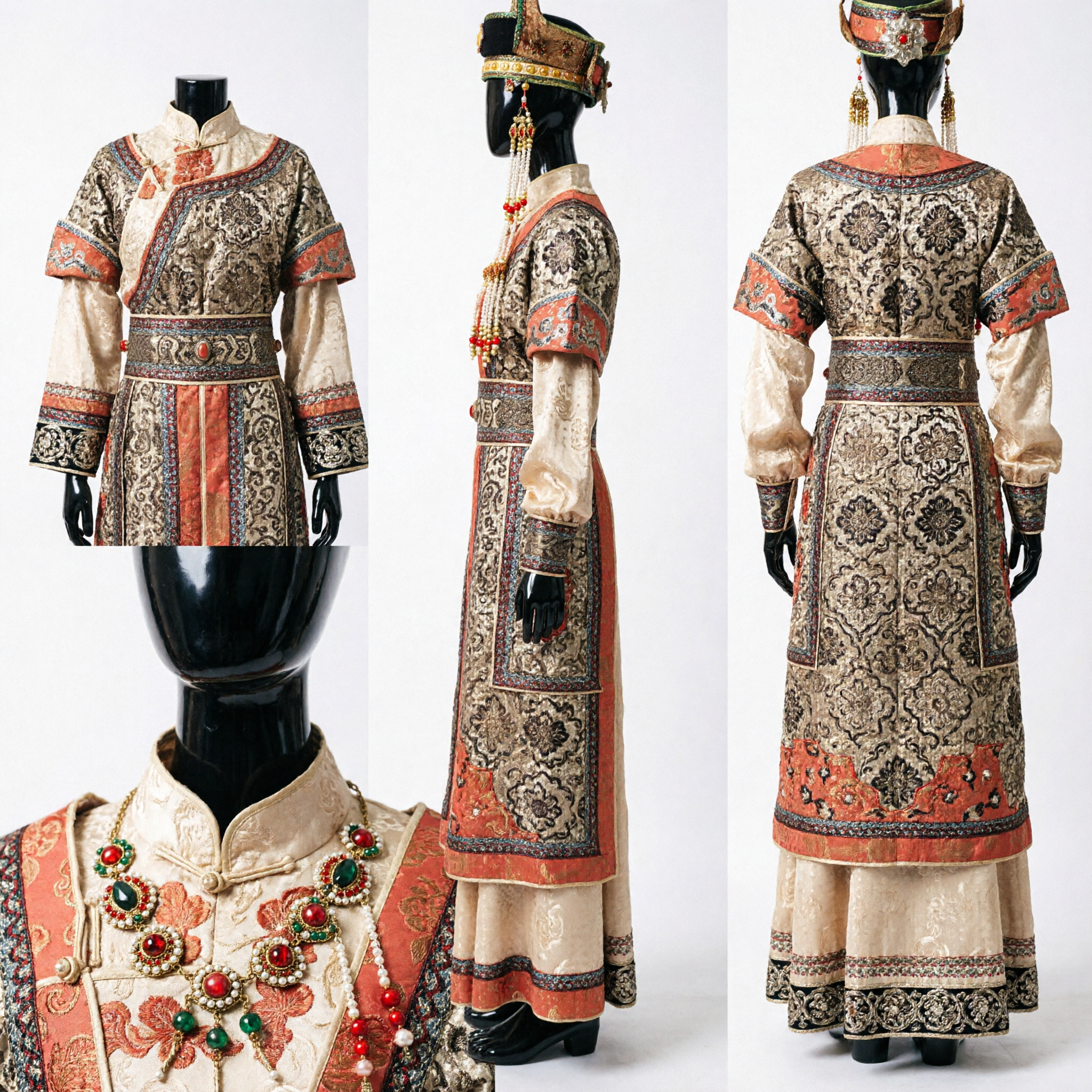 Traditional Mongolian Ethnic Costume Full Set with Headdress for Folk Dance Stage Performance and Wedding Ceremony