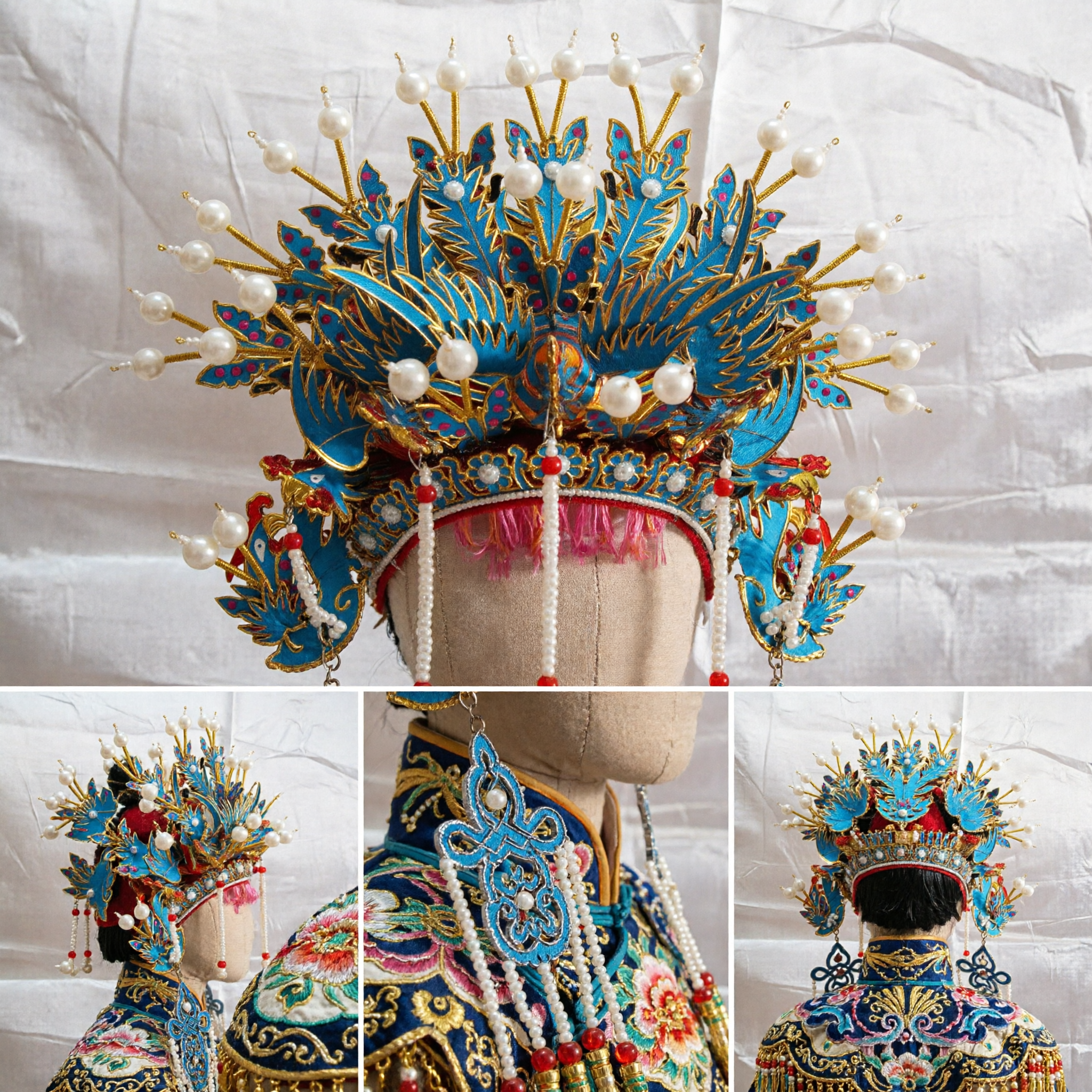 Traditional Chinese Peking Opera Blue Phoenix Crown Headdress with Pearls for Female Stage Performance