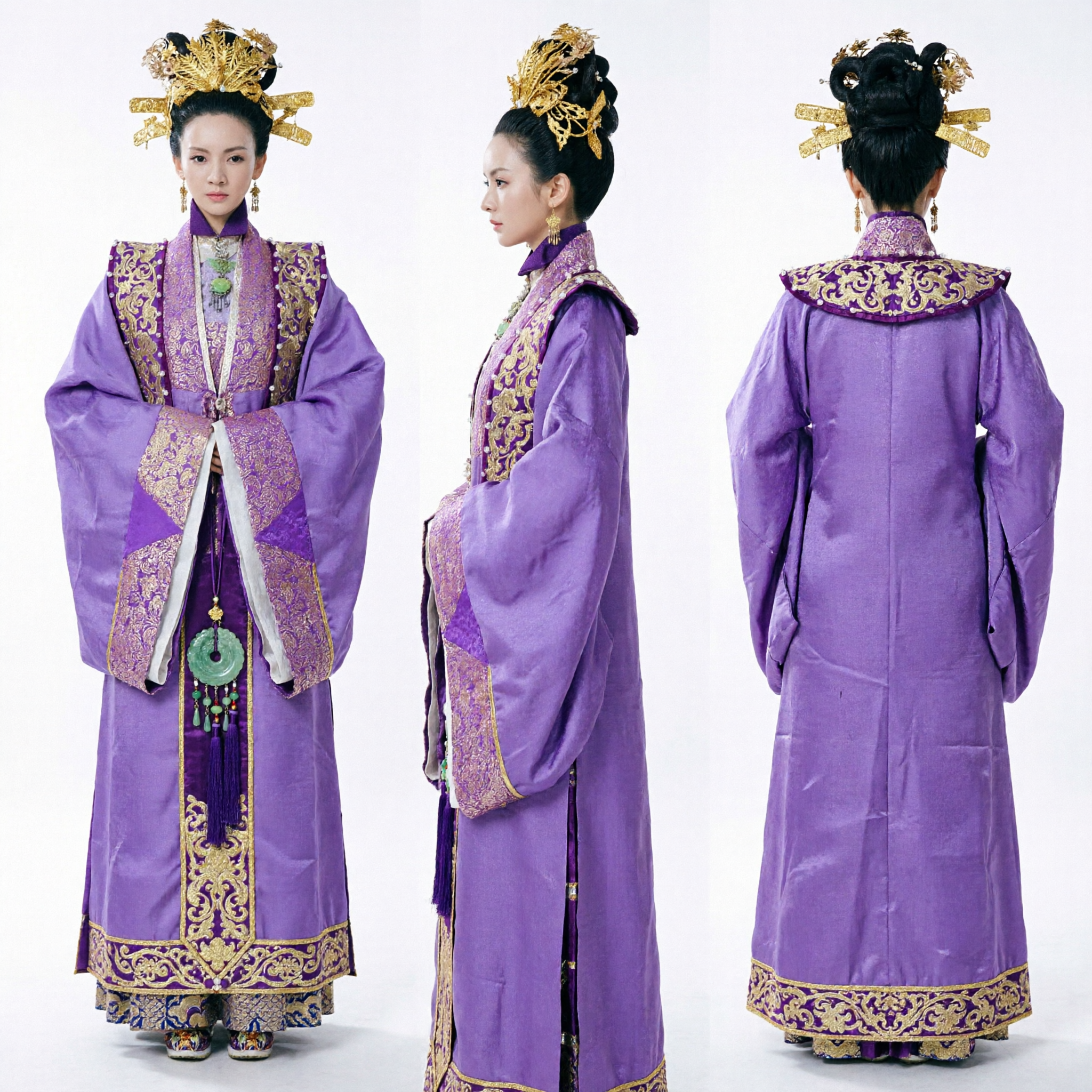 Traditional Chinese Ancient Empress Purple Hanfu Costume with Gold Phoenix Crown for Women Cosplay