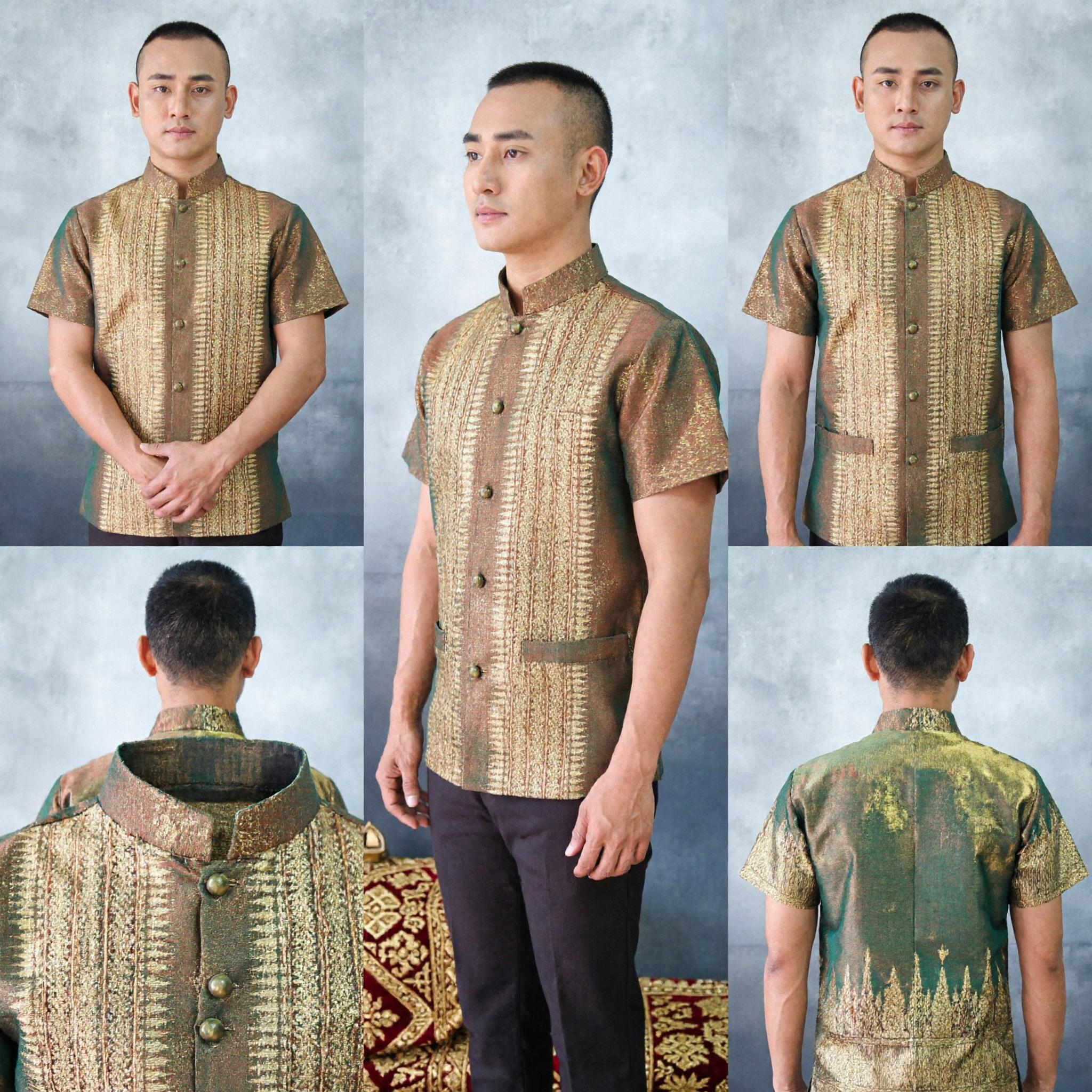Men's Luxury Gold Brocade Short Sleeve Shirt Traditional Mandarin Collar Asian Wedding Party Costume Top