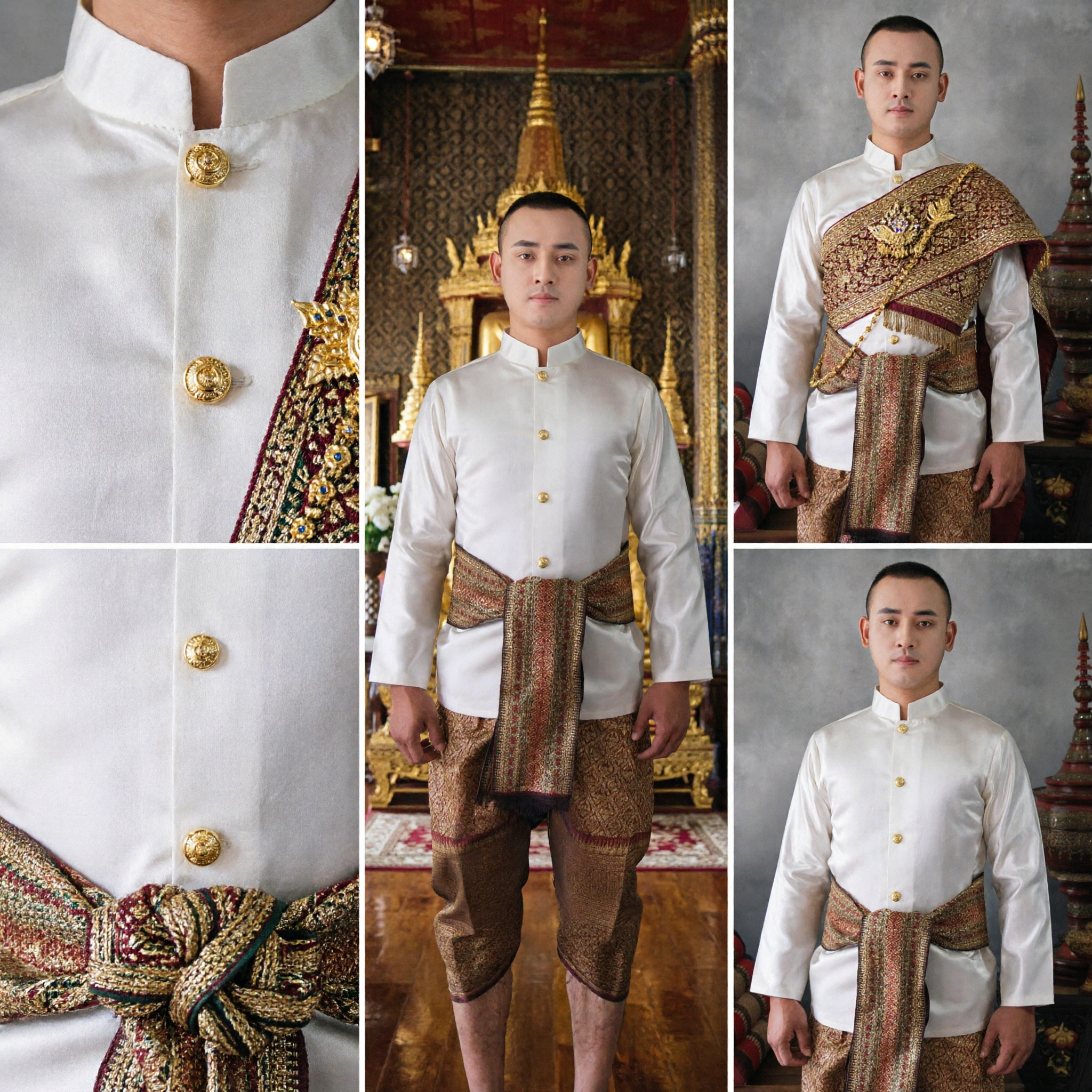 Traditional Thai Men's Formal Costume White Mandarin Collar Shirt with Brocade Sash for Weddings and Cultural Events