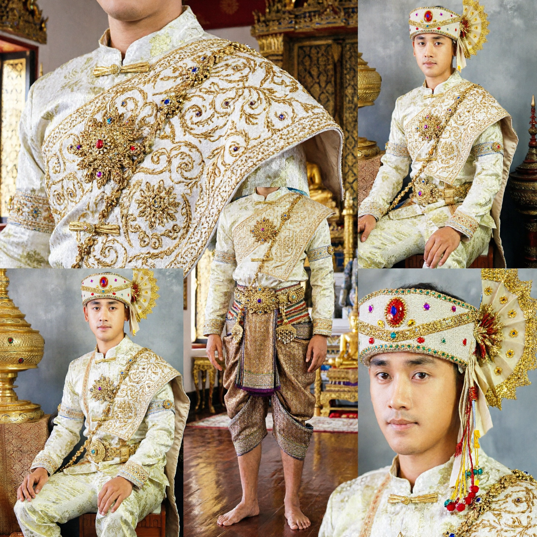 Traditional Dai Ethnic Minority Costume Men's Gold Brocade Prince Outfit for Folk Dance and Stage Performance
