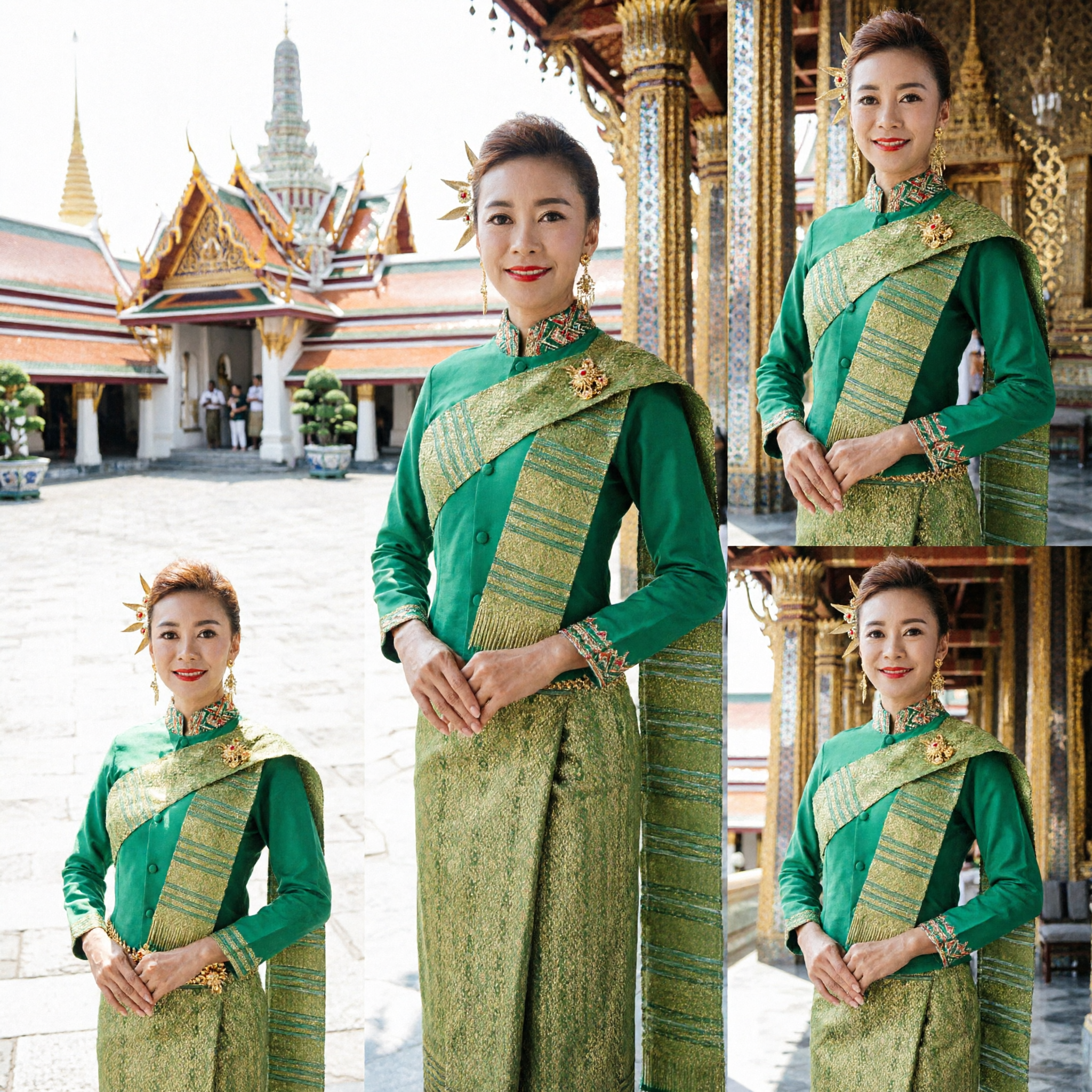 Elegant Green Thai Traditional Sabai Top and Brocade Skirt Set for Women Formal Ceremony Dance Costume