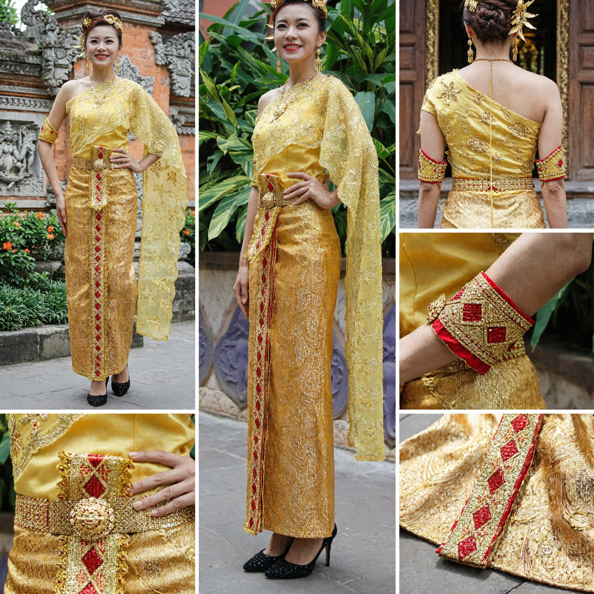 Elegant Gold Thai Traditional Dress Set One Shoulder Sabai and Brocade Skirt for Wedding Performance
