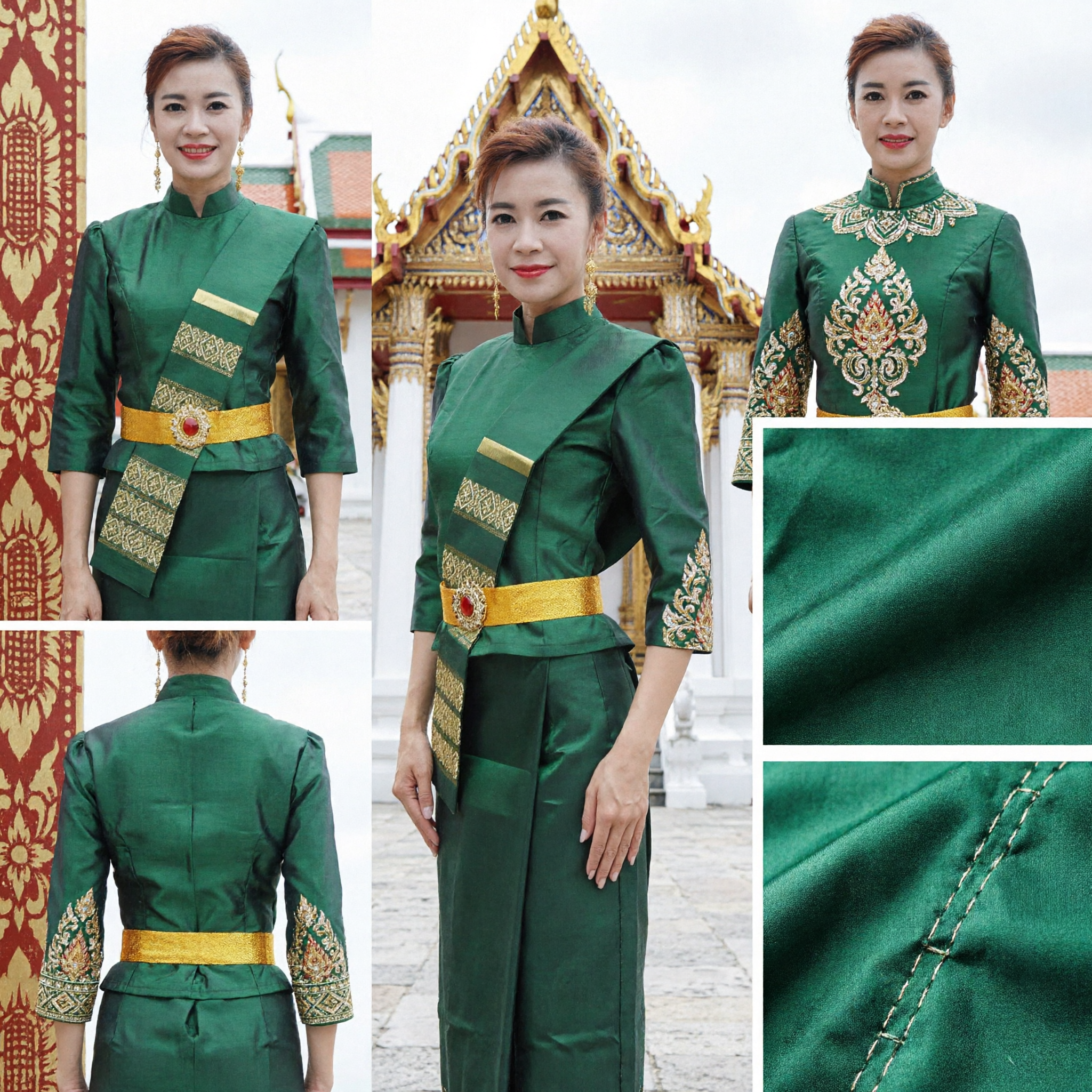 Elegant Green Traditional Thai Silk Costume for Women Formal Lao National Dress Ethnic Clothing